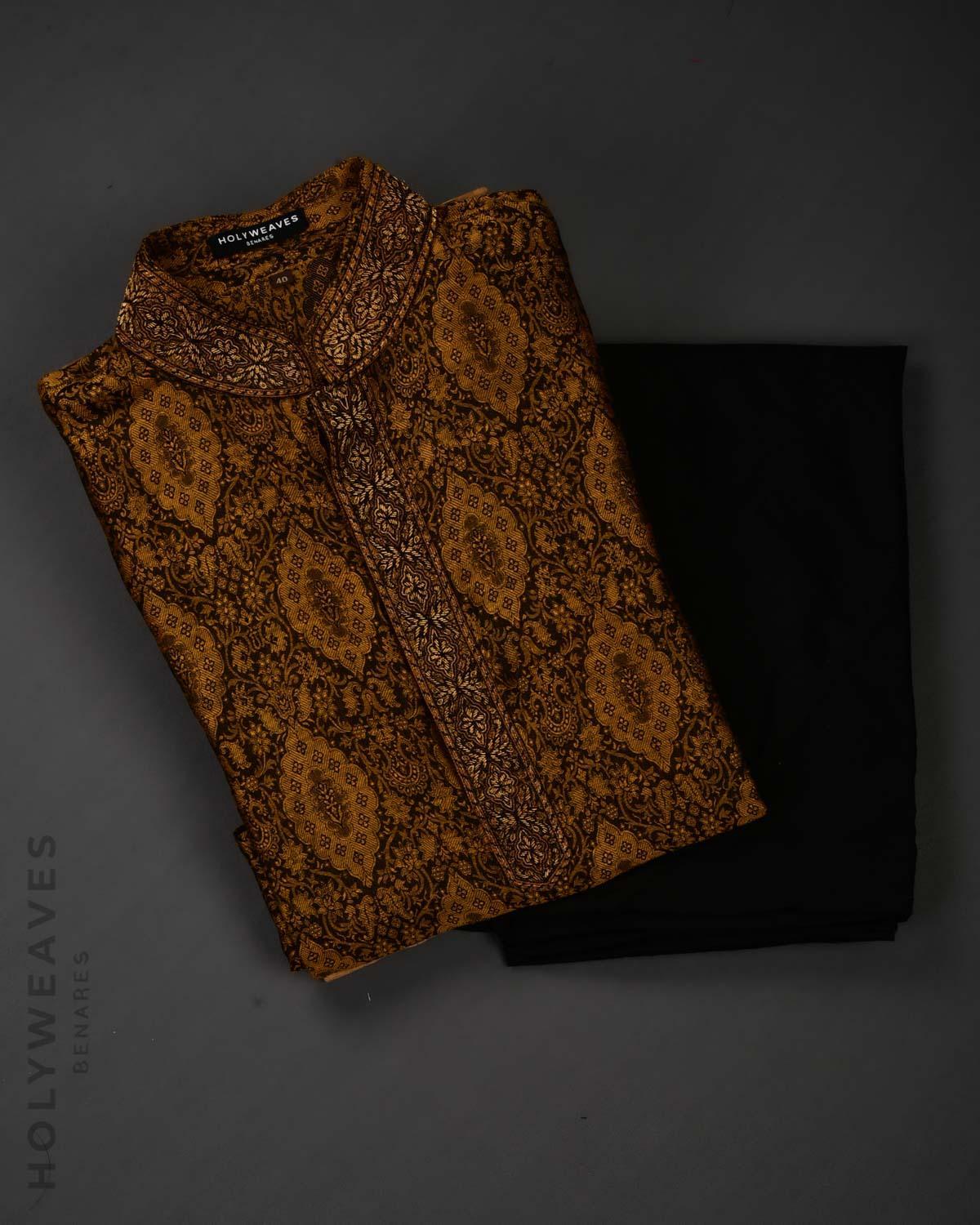 Mustard Banarasi Hand-embroidered Linen Silk Mens Kurta Pyjama - By HolyWeaves, Benares