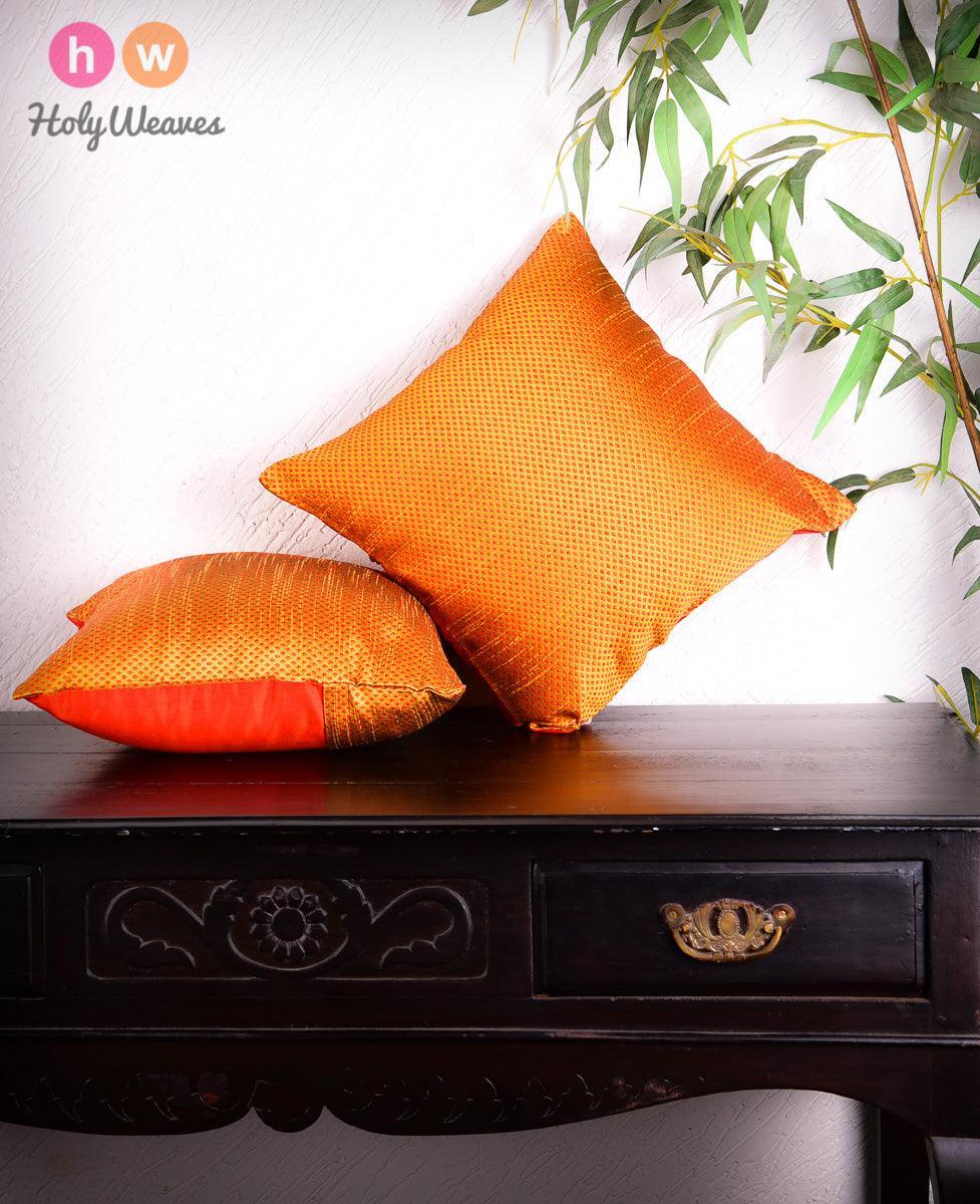 Mustard Yellow Banarasi Jacquard Poly Dupion Cushion Cover 16" - By HolyWeaves, Benares