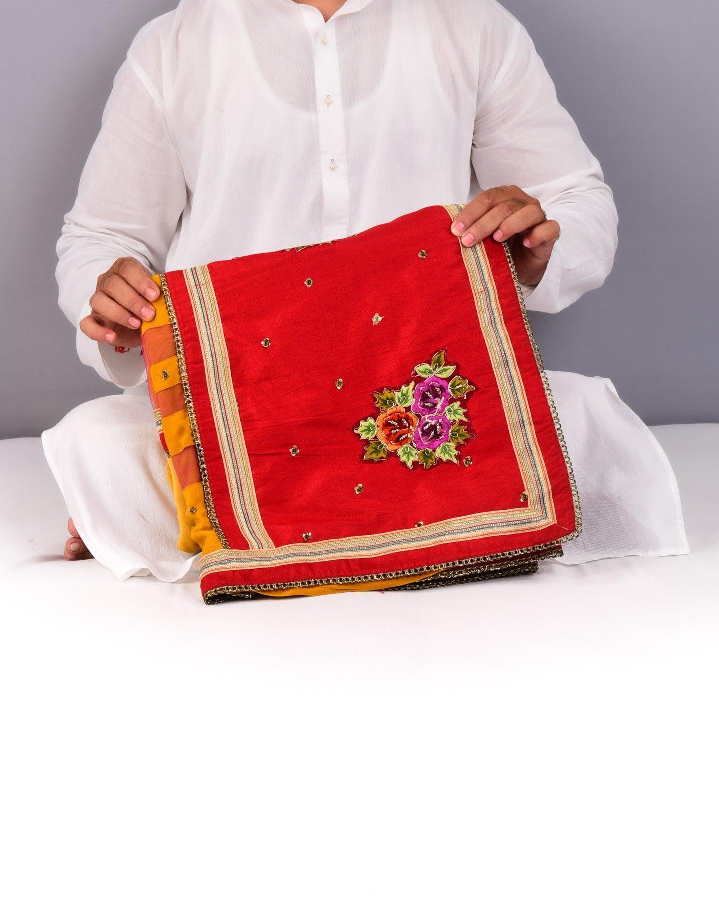 Mustard Yellow Hand-embroidered Georgette Saree - By HolyWeaves, Benares