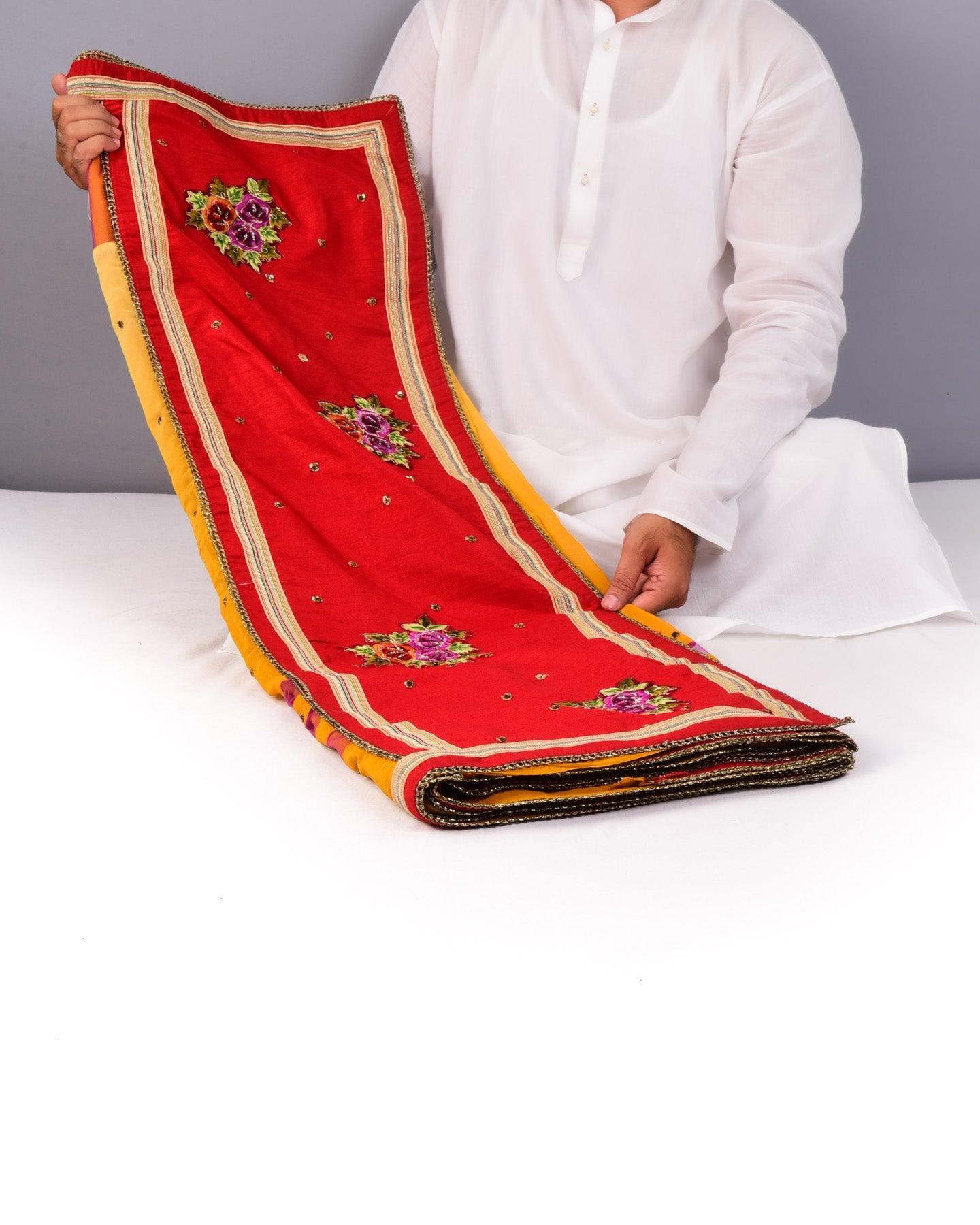 Mustard Yellow Hand-embroidered Georgette Saree - By HolyWeaves, Benares