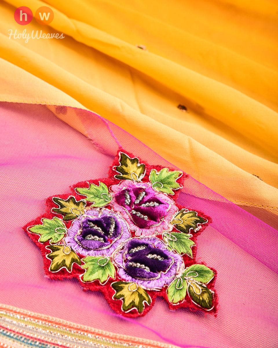 Mustard Yellow Hand-embroidered Georgette Saree - By HolyWeaves, Benares