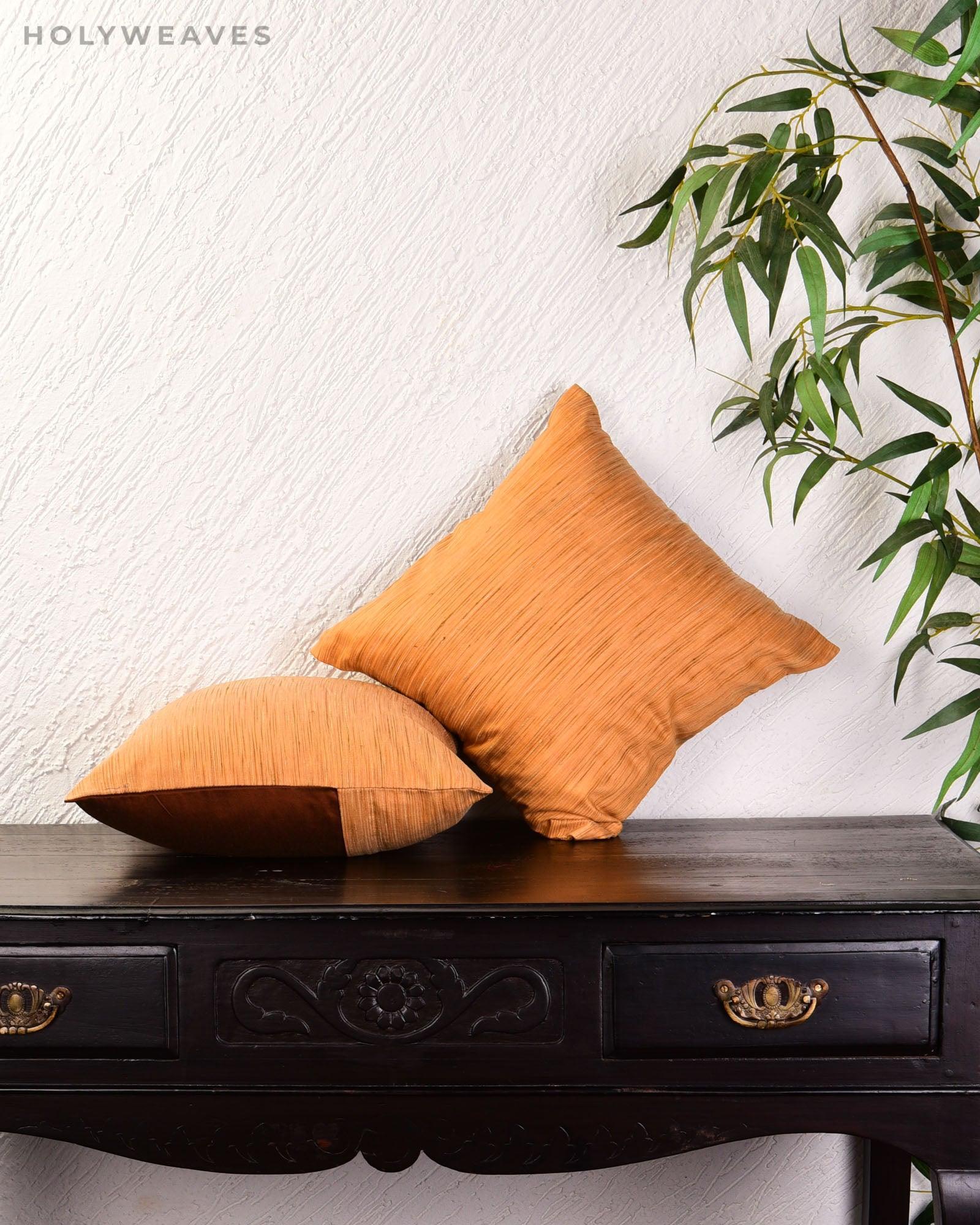 Mustard Yellow Khichha Stripes Poly Cotton Cushion Cover 16" - By HolyWeaves, Benares