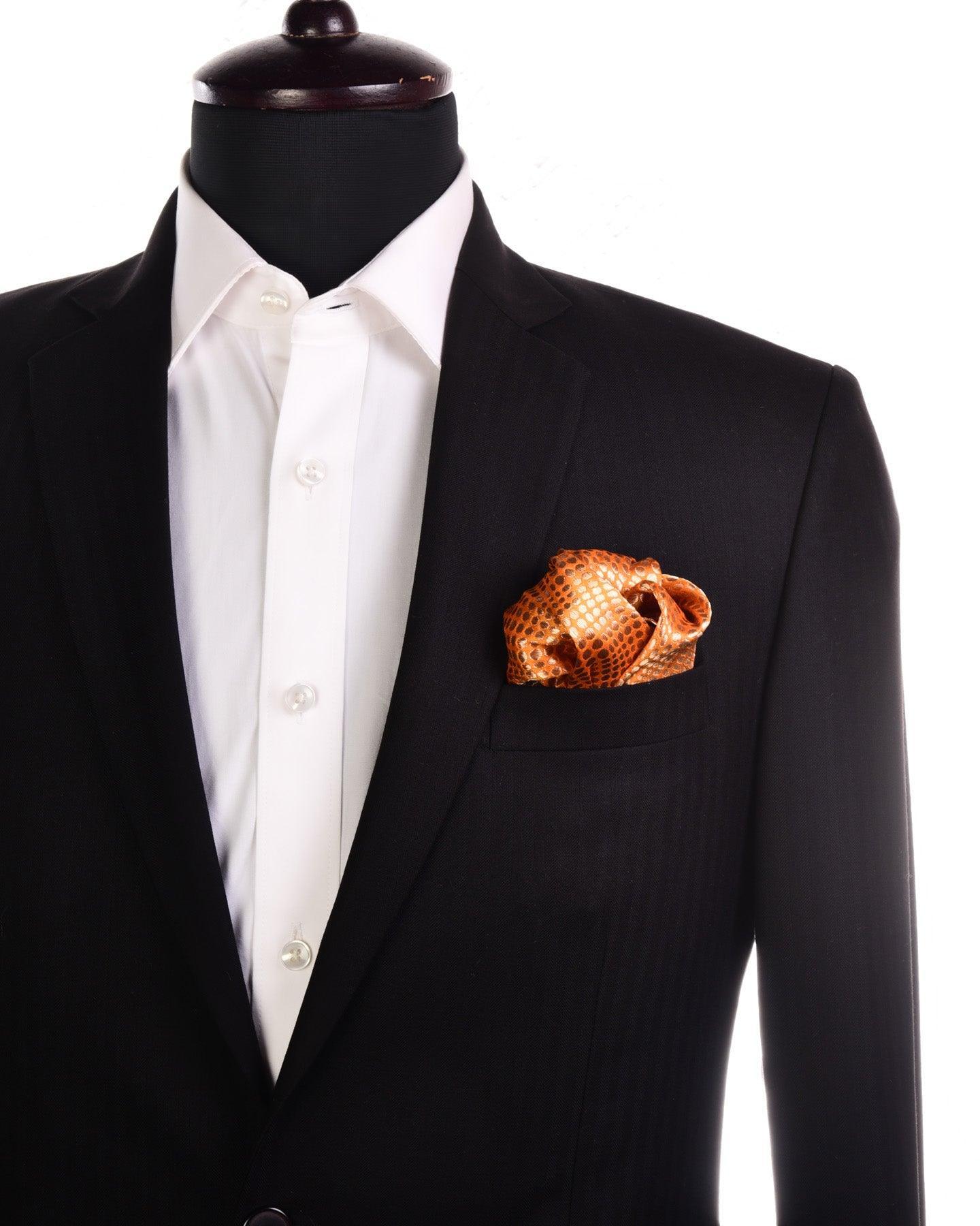 Mustard Yellow Python Metallic Zari Brocade Handwoven Pure Silk Pocket Square For Men - By HolyWeaves, Benares