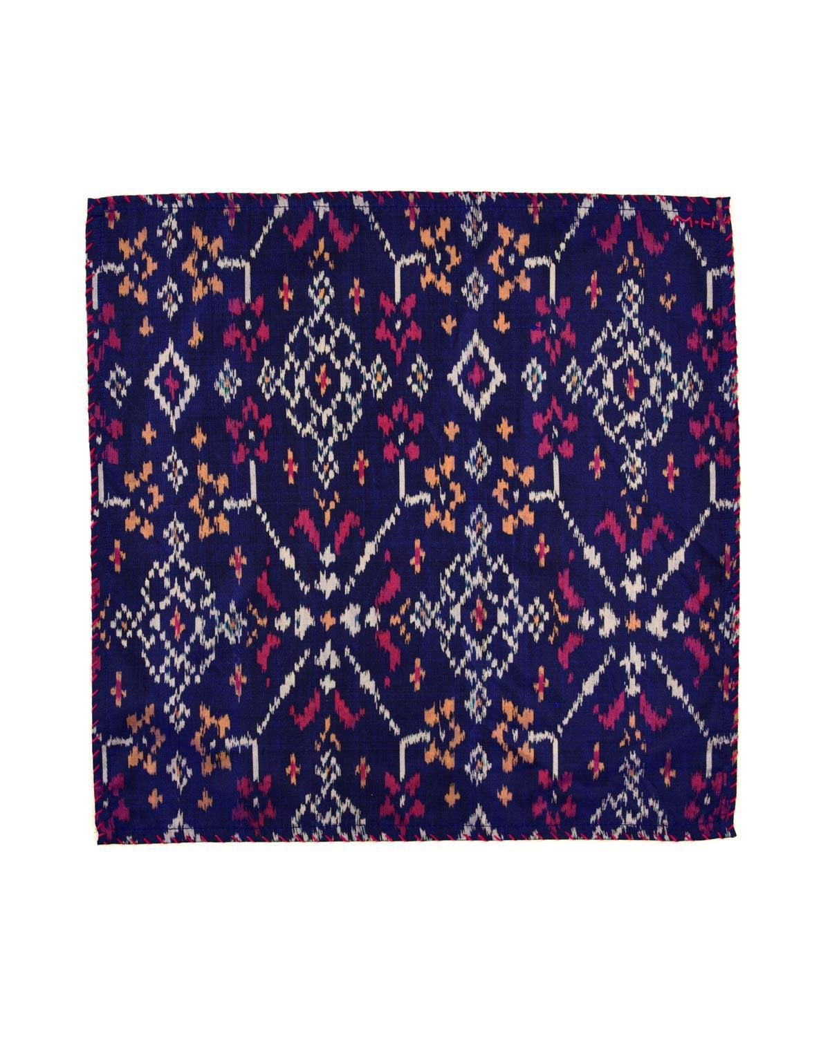 Navy Blue Banarasi Ikat Handwoven Silk Pocket Square - By HolyWeaves, Benares