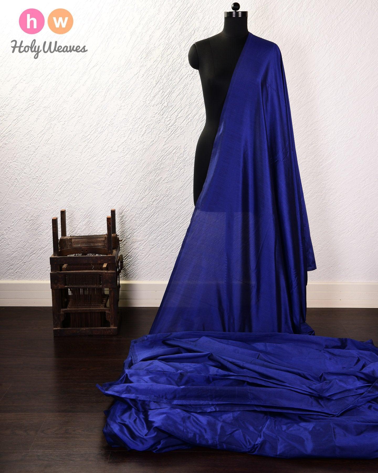 Navy Blue Banarasi Plain Woven Spun Silk Fabric - By HolyWeaves, Benares