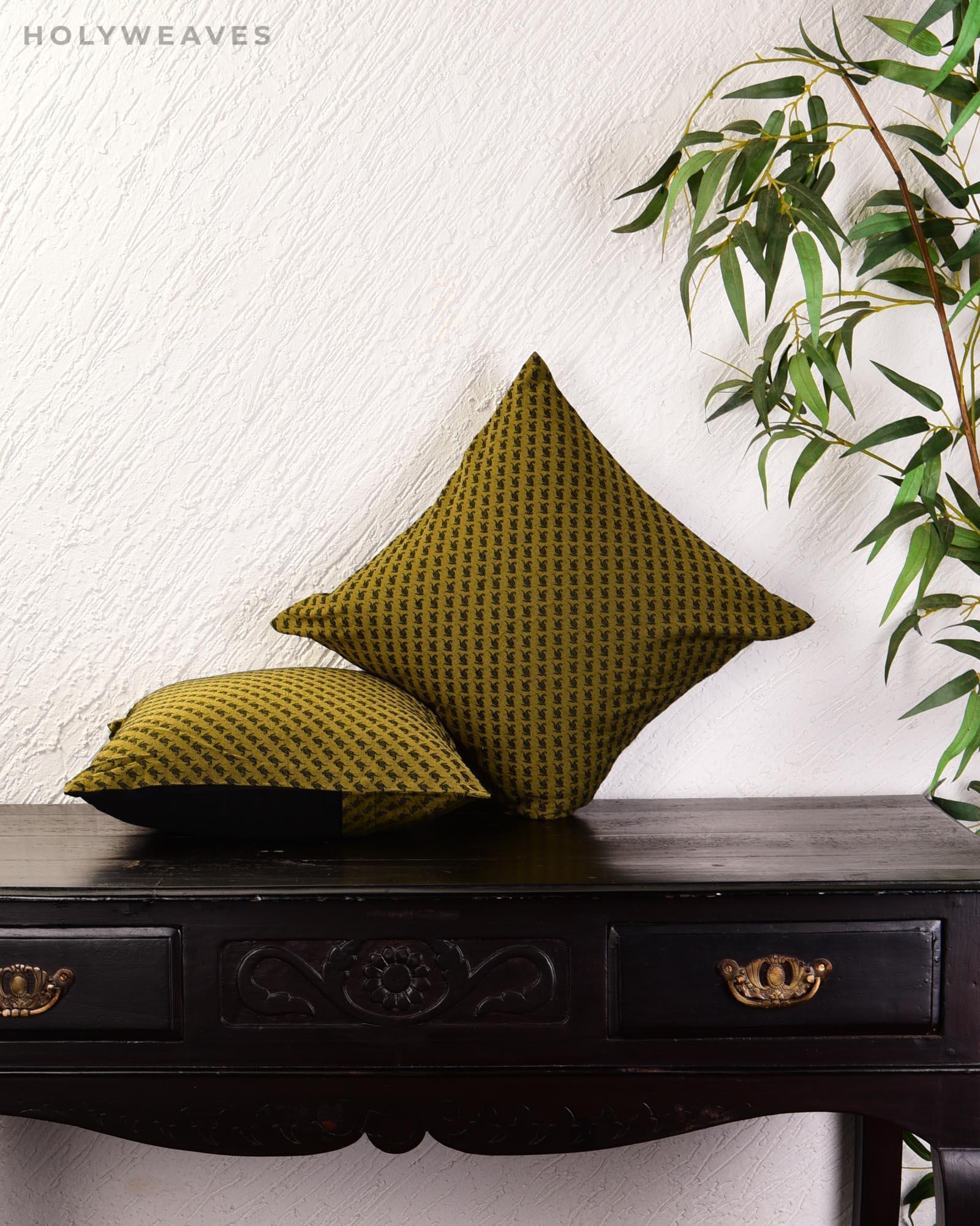 Olive Green Banarasi Tanchoi Poly Cotton Cushion Cover 16" - By HolyWeaves, Benares