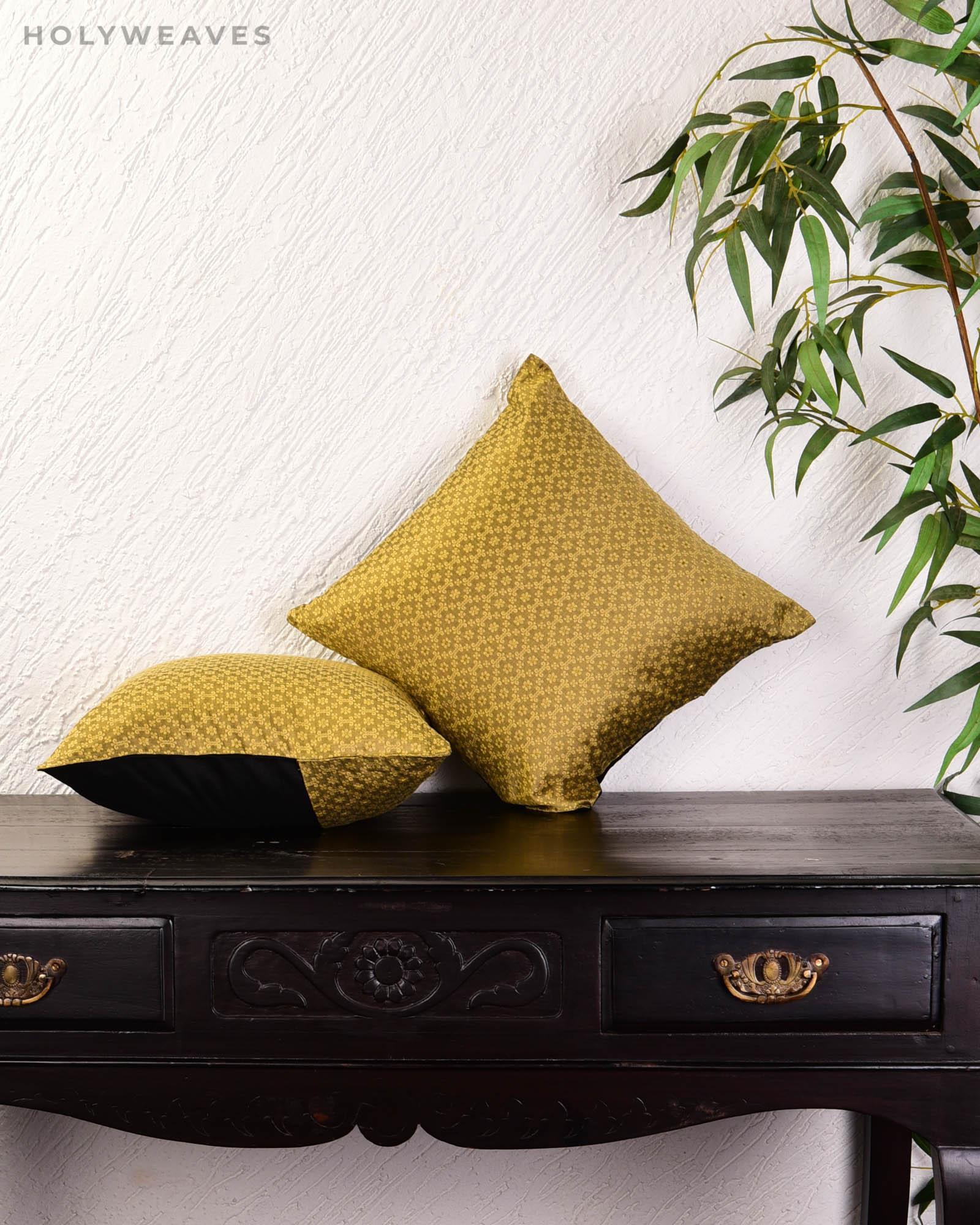 Olive Green Banarasi Tanchoi Poly Cotton Cushion Cover 16" - By HolyWeaves, Benares