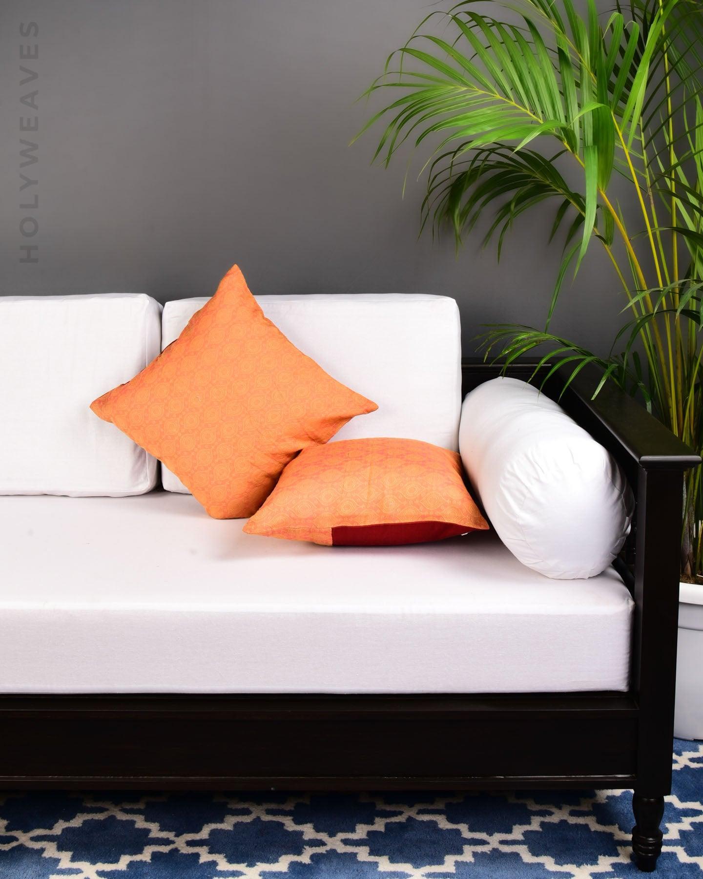 Orange Banarasi Tanchoi Poly Cotton Cushion Cover 16" - By HolyWeaves, Benares