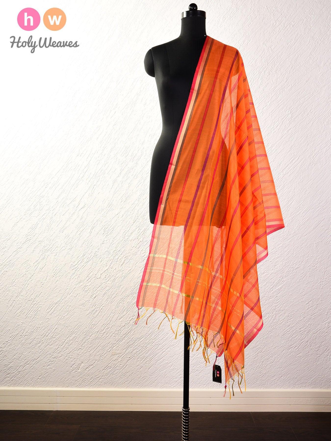 Orange Colored Stripes Woven Cotton Silk Dupatta - By HolyWeaves, Benares