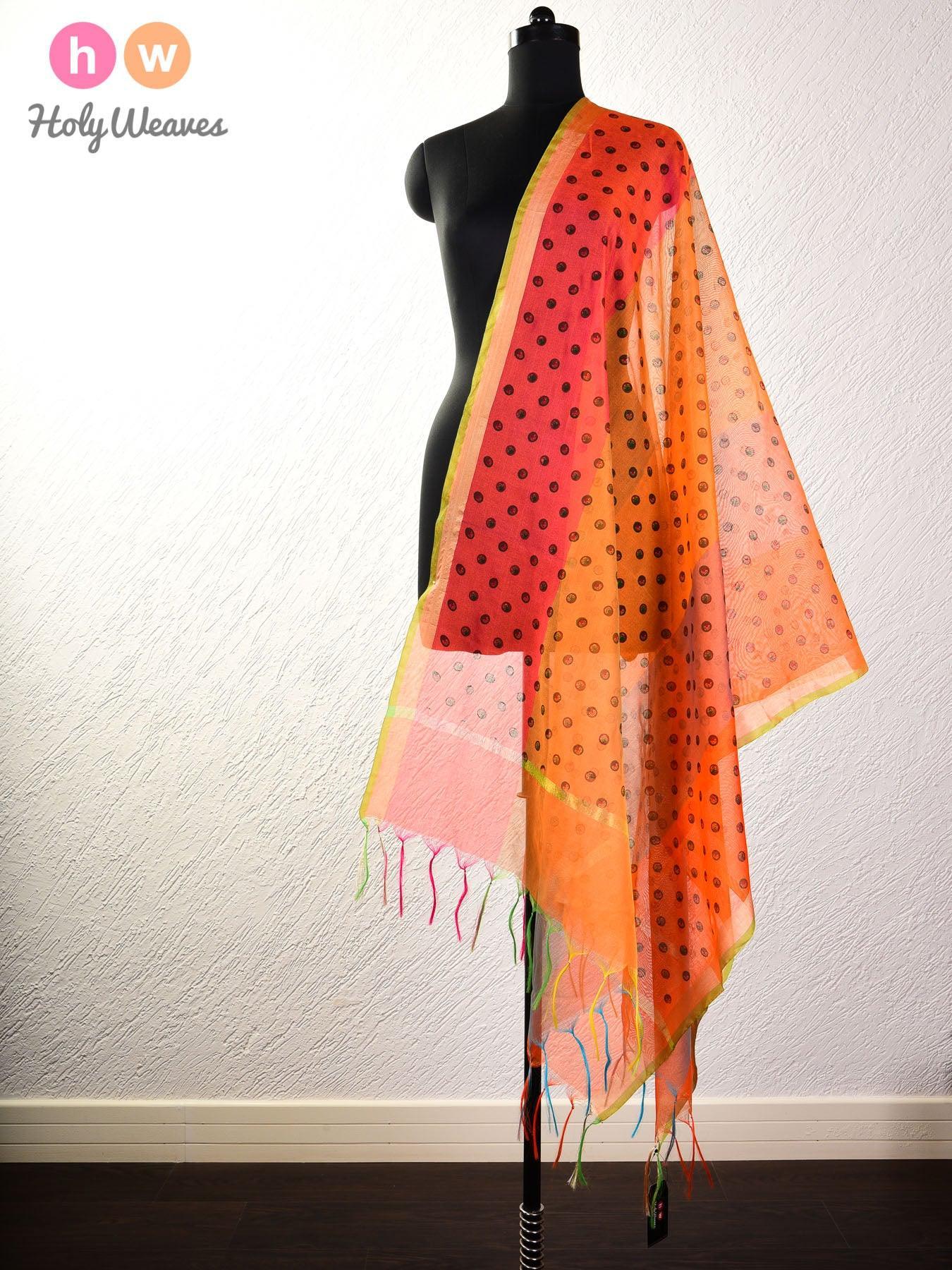 Orange Printed Cotton Silk Dupatta - By HolyWeaves, Benares