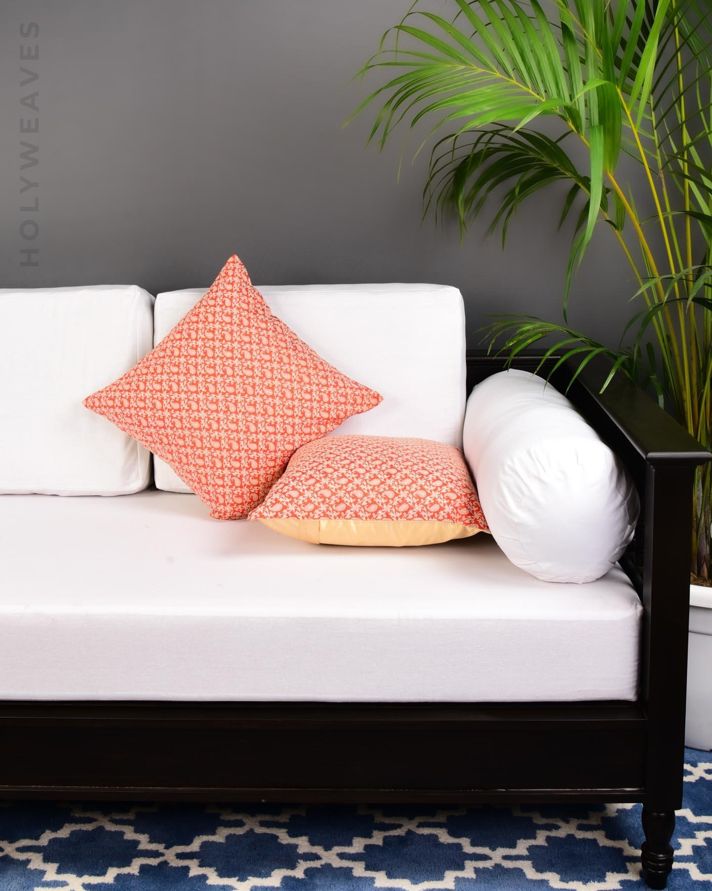 Orange Resham Brocade Handwoven Noile Silk Cushion Cover with Satin Back 16" - By HolyWeaves, Benares