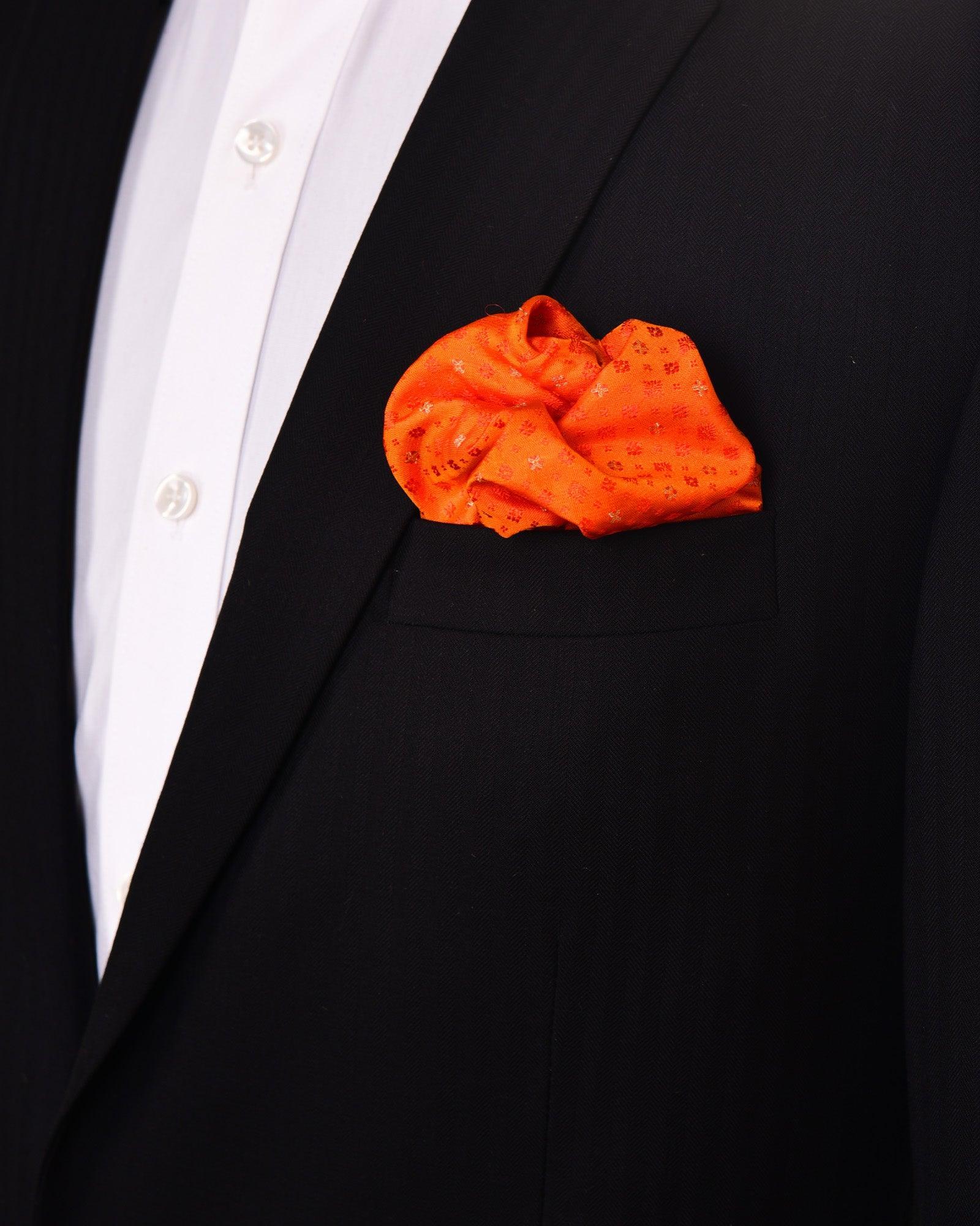 Orange Tanchoi Brocade Handwoven Pure Silk Pocket Square For Men - By HolyWeaves, Benares