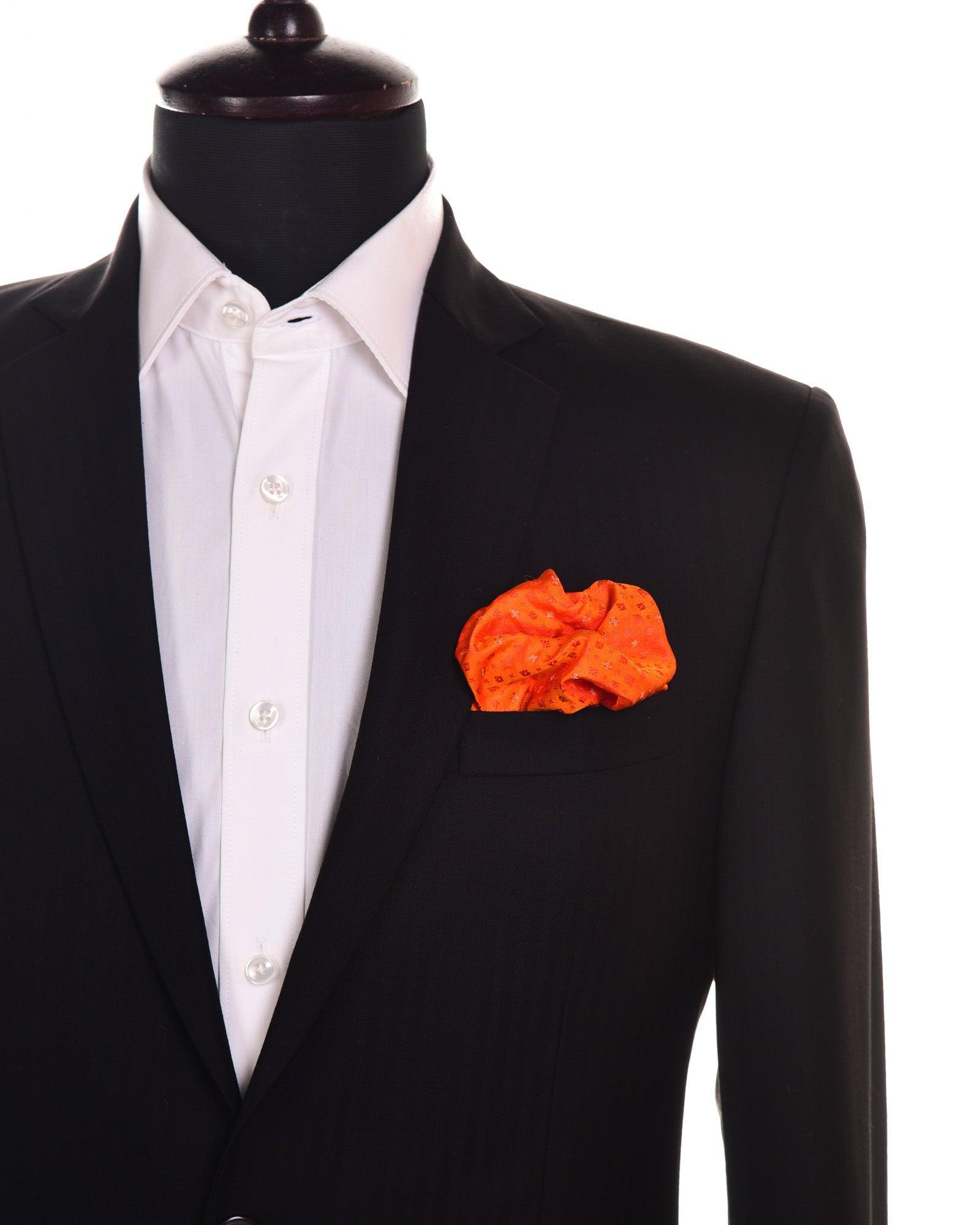 Orange Tanchoi Brocade Handwoven Pure Silk Pocket Square For Men - By HolyWeaves, Benares