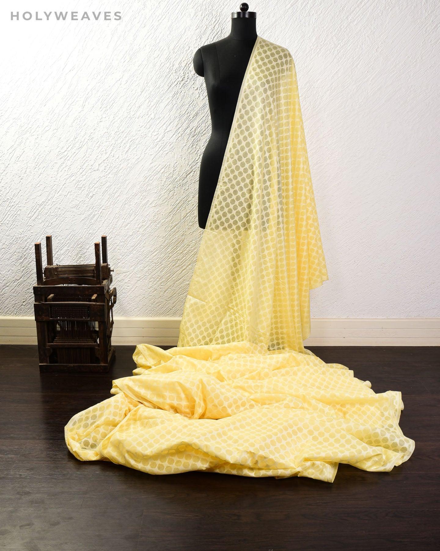 Pastel Yellow Banarasi Resham Cutwork Brocade Handwoven Cotton Silk Fabric - By HolyWeaves, Benares