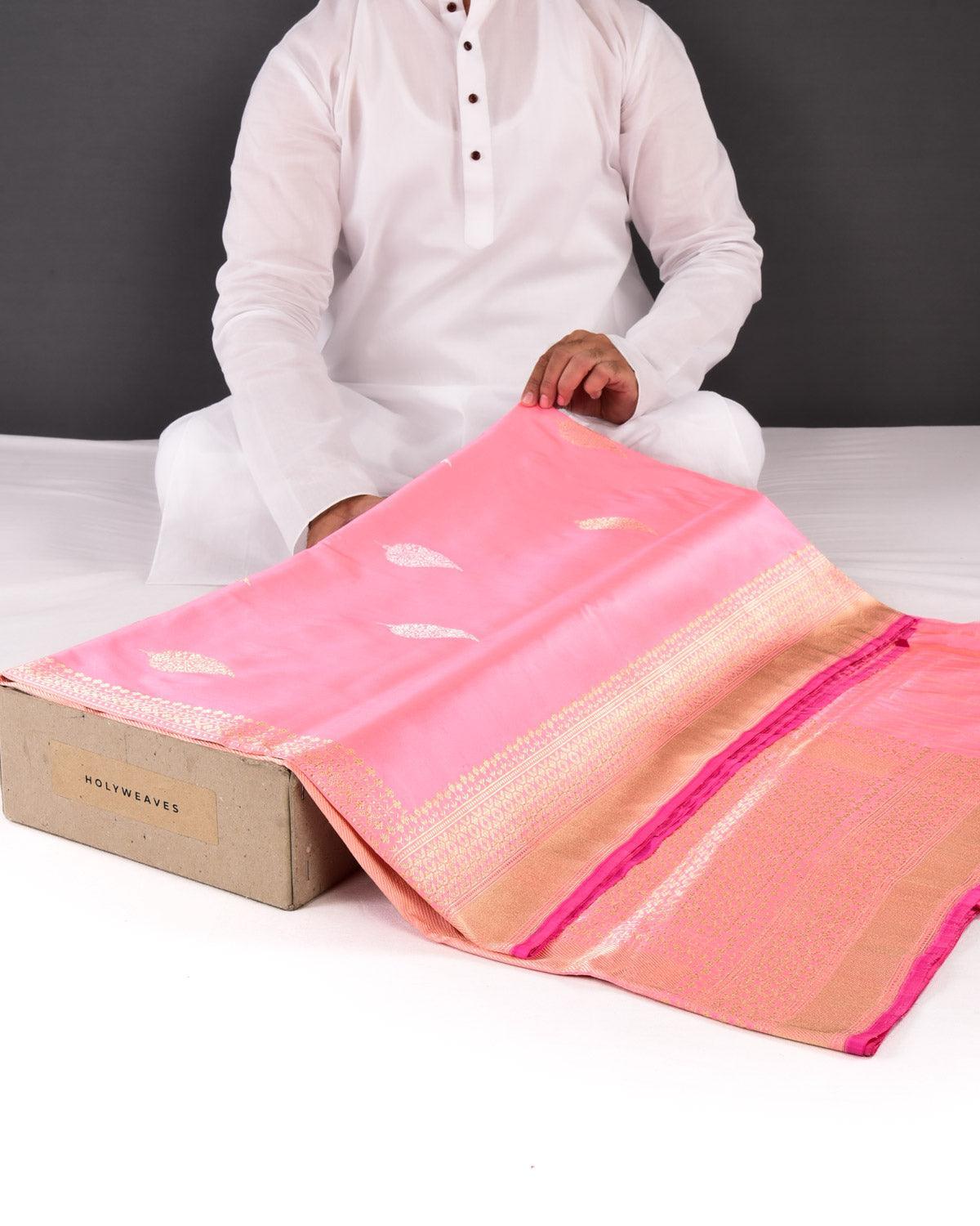 Peach Banarasi Gold & Silver Leaf Buta Kadhuan Brocade Handwoven Katan Silk Saree - By HolyWeaves, Benares