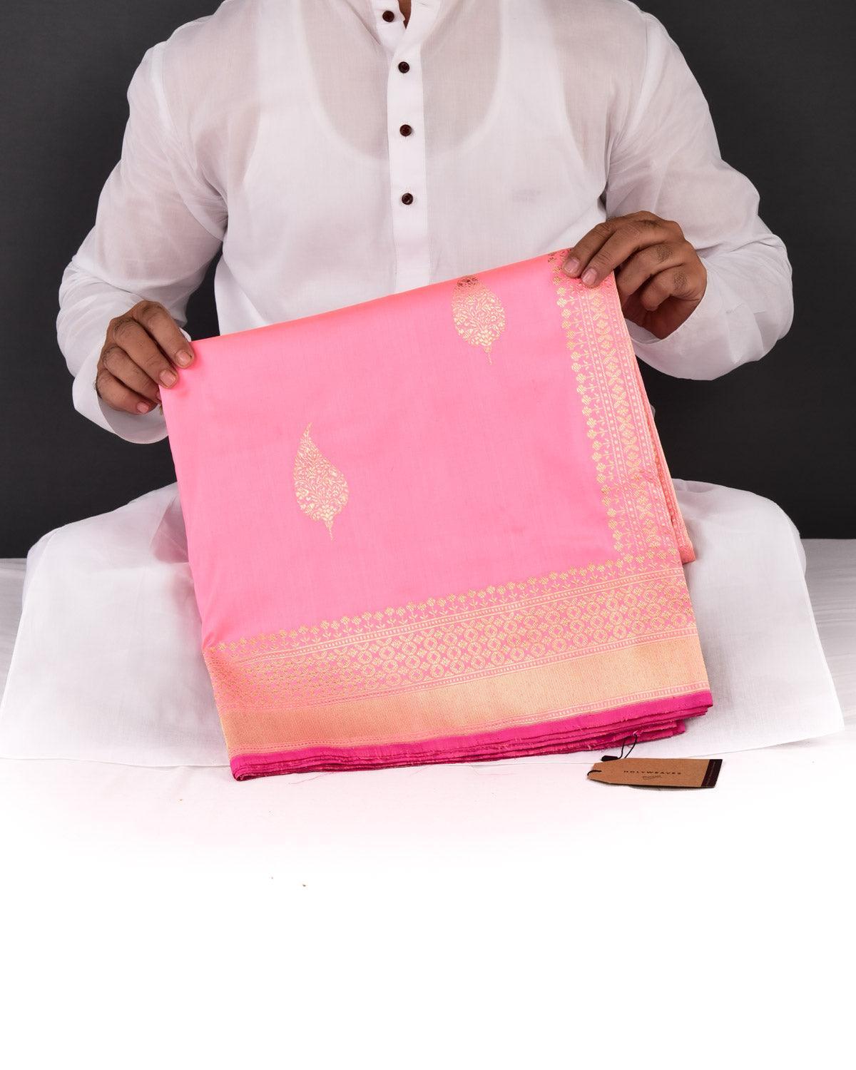 Peach Banarasi Gold & Silver Leaf Buta Kadhuan Brocade Handwoven Katan Silk Saree - By HolyWeaves, Benares