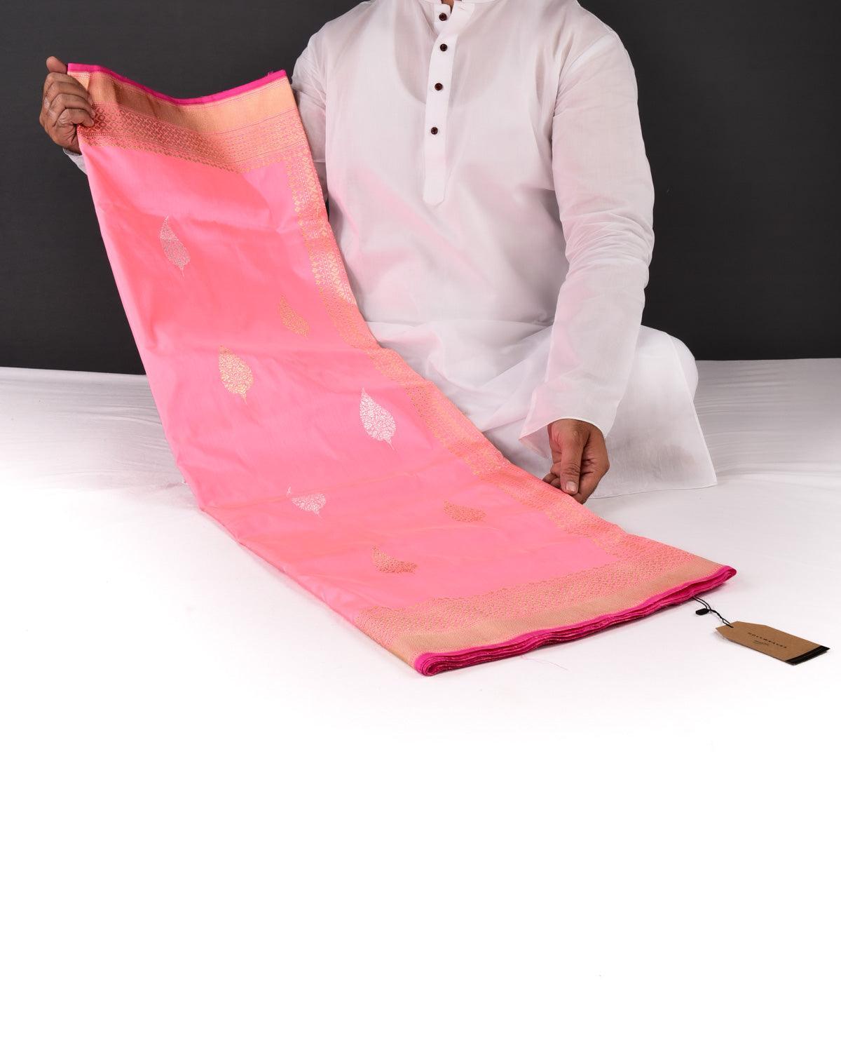 Peach Banarasi Gold & Silver Leaf Buta Kadhuan Brocade Handwoven Katan Silk Saree - By HolyWeaves, Benares