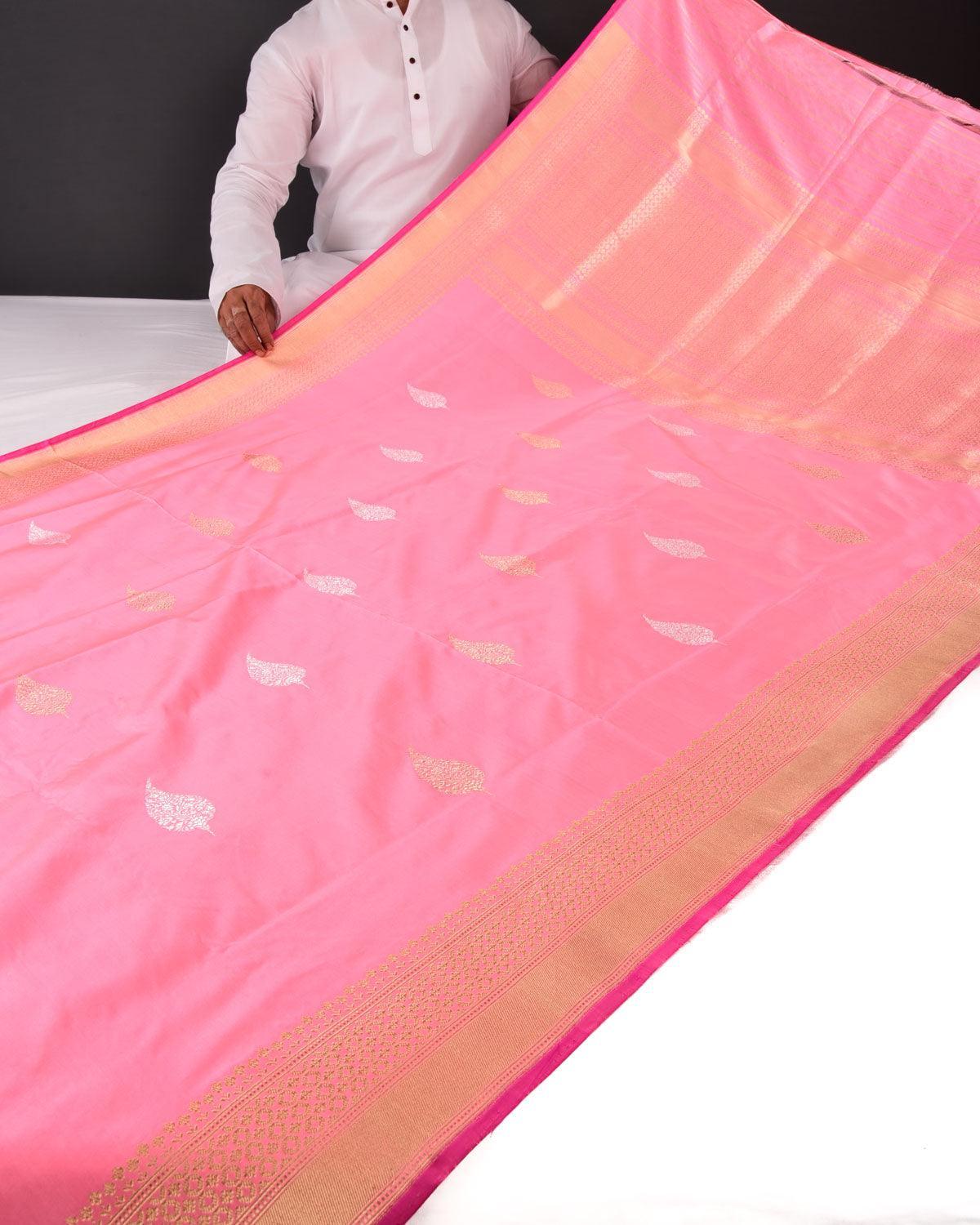 Peach Banarasi Gold & Silver Leaf Buta Kadhuan Brocade Handwoven Katan Silk Saree - By HolyWeaves, Benares