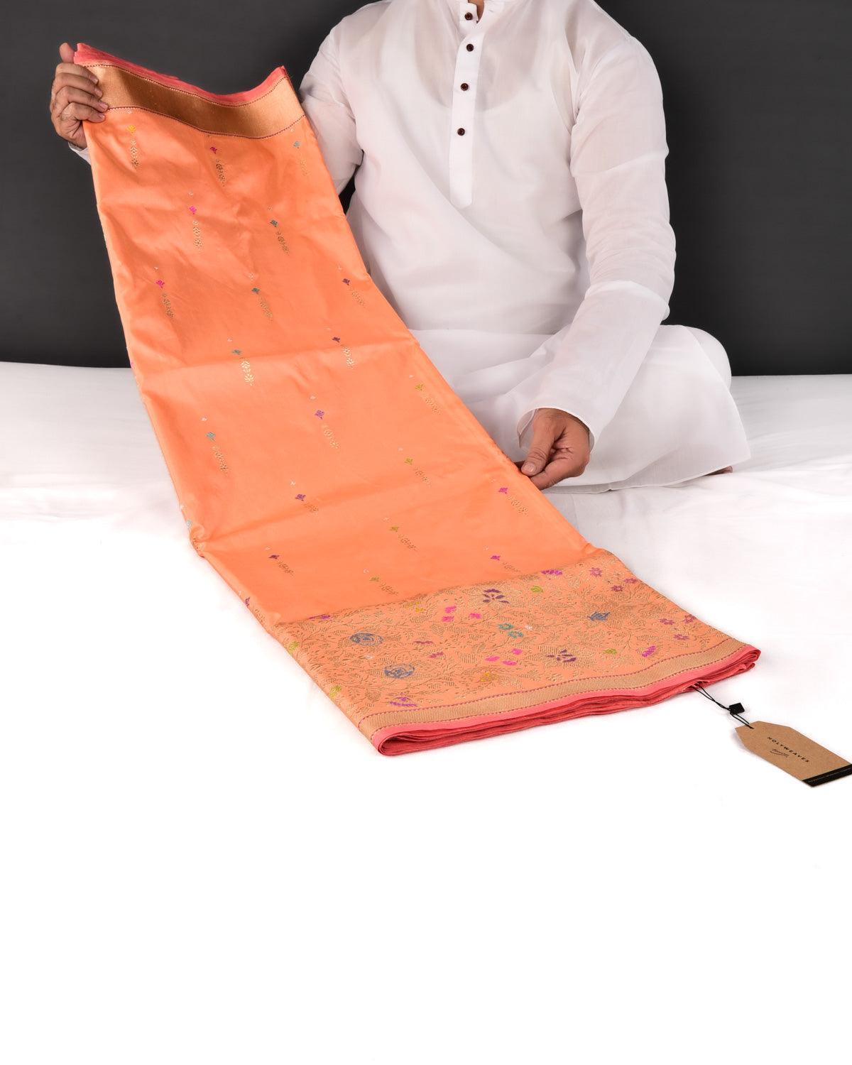 Peach Banarasi Gold Zari & Resham Buti Kadhuan Brocade Handwoven Katan Silk Saree - By HolyWeaves, Benares