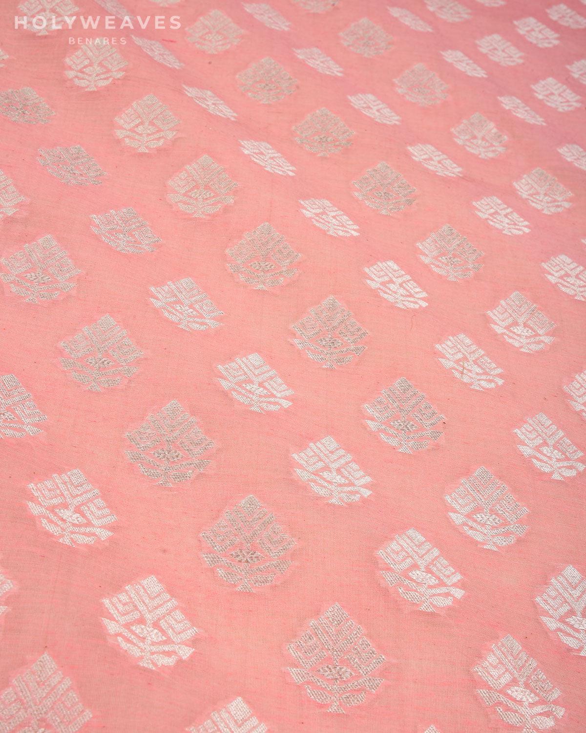 Peach Banarasi Silver Zari Buti Cutwork Brocade Handwoven Cotton Silk Fabric - By HolyWeaves, Benares