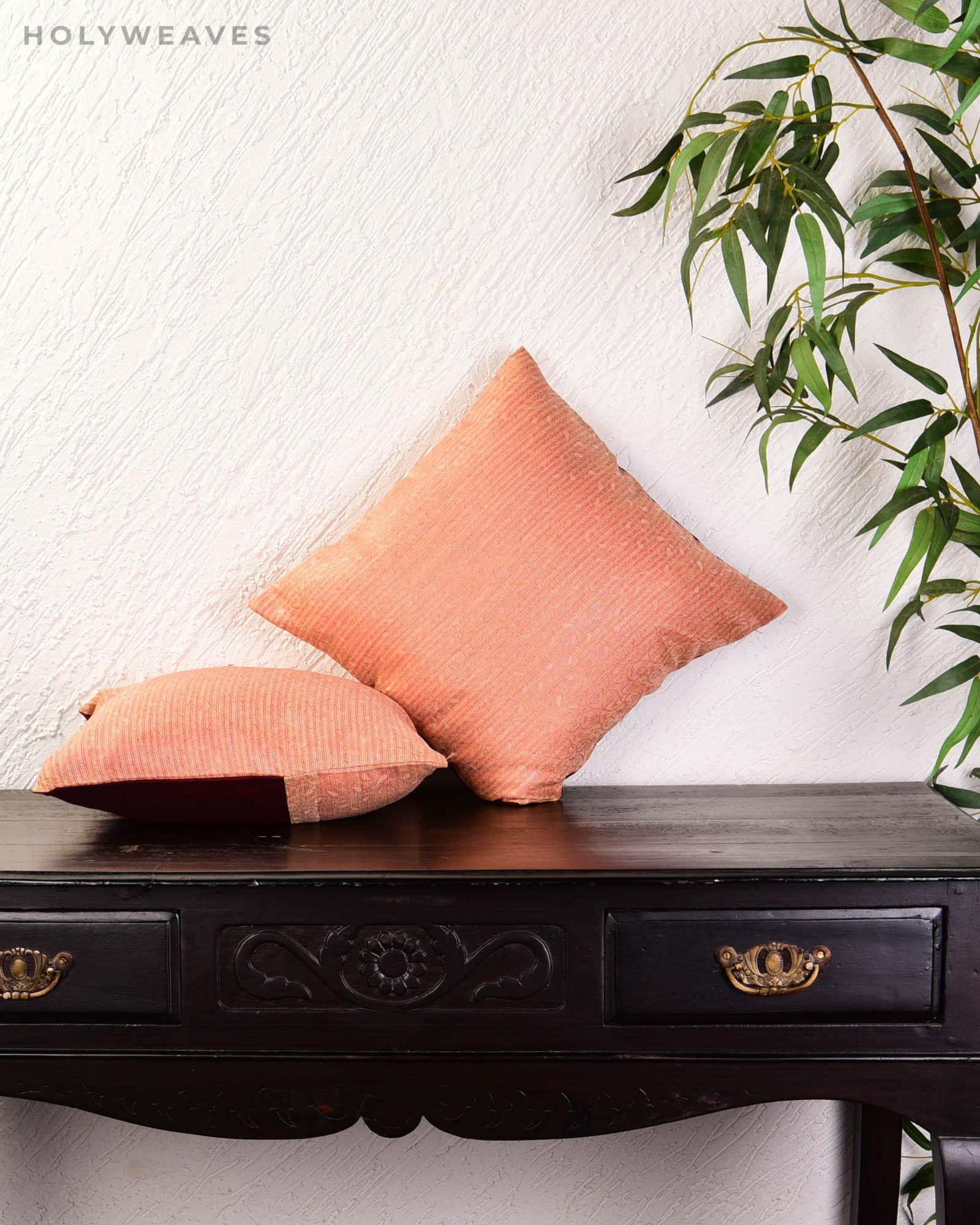 Peach Banarasi Tanchoi Poly Silk Cushion Cover 16" - By HolyWeaves, Benares