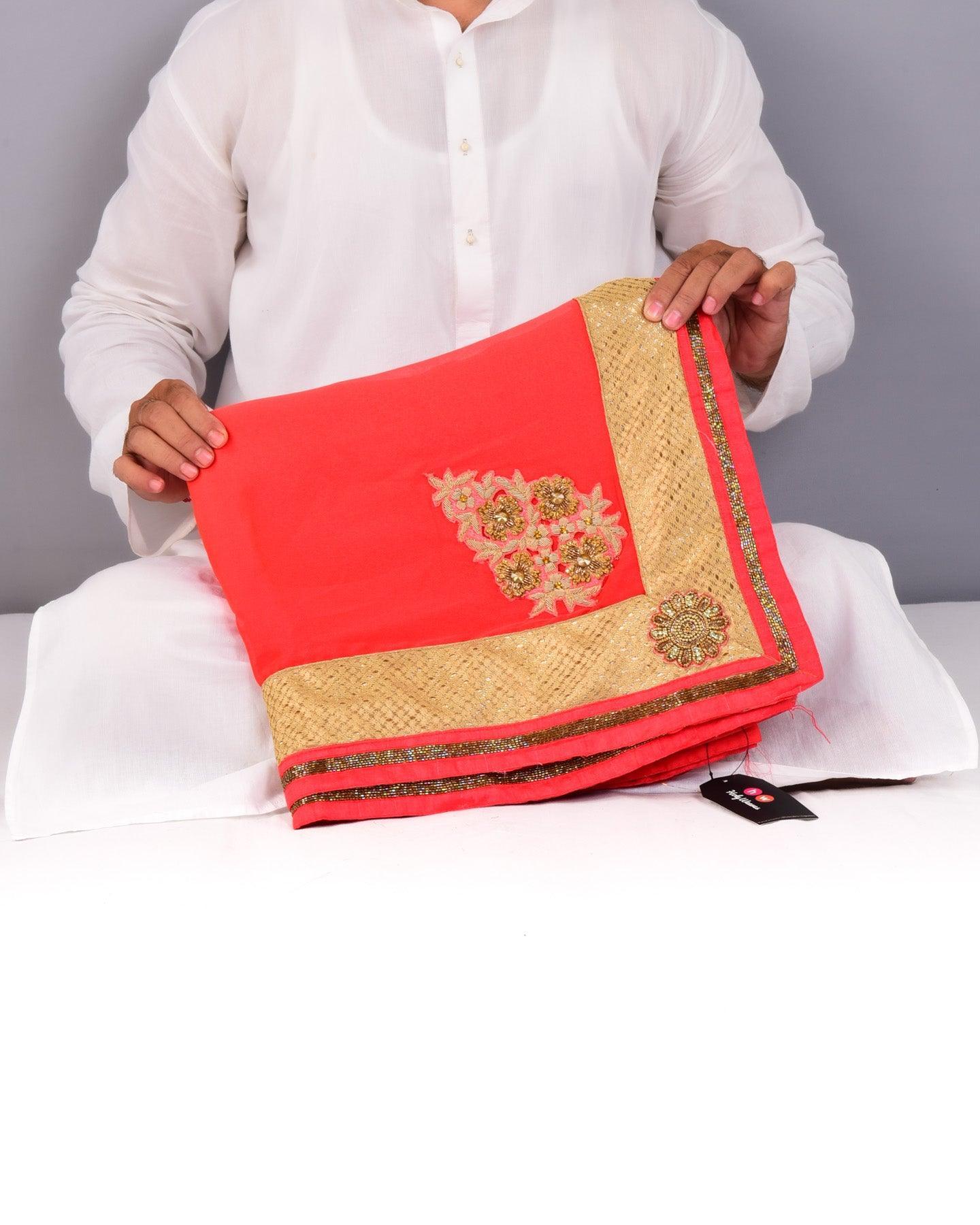 Peach Georgette Embroidered Saree - By HolyWeaves, Benares