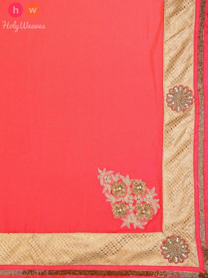 Peach Georgette Embroidered Saree - By HolyWeaves, Benares
