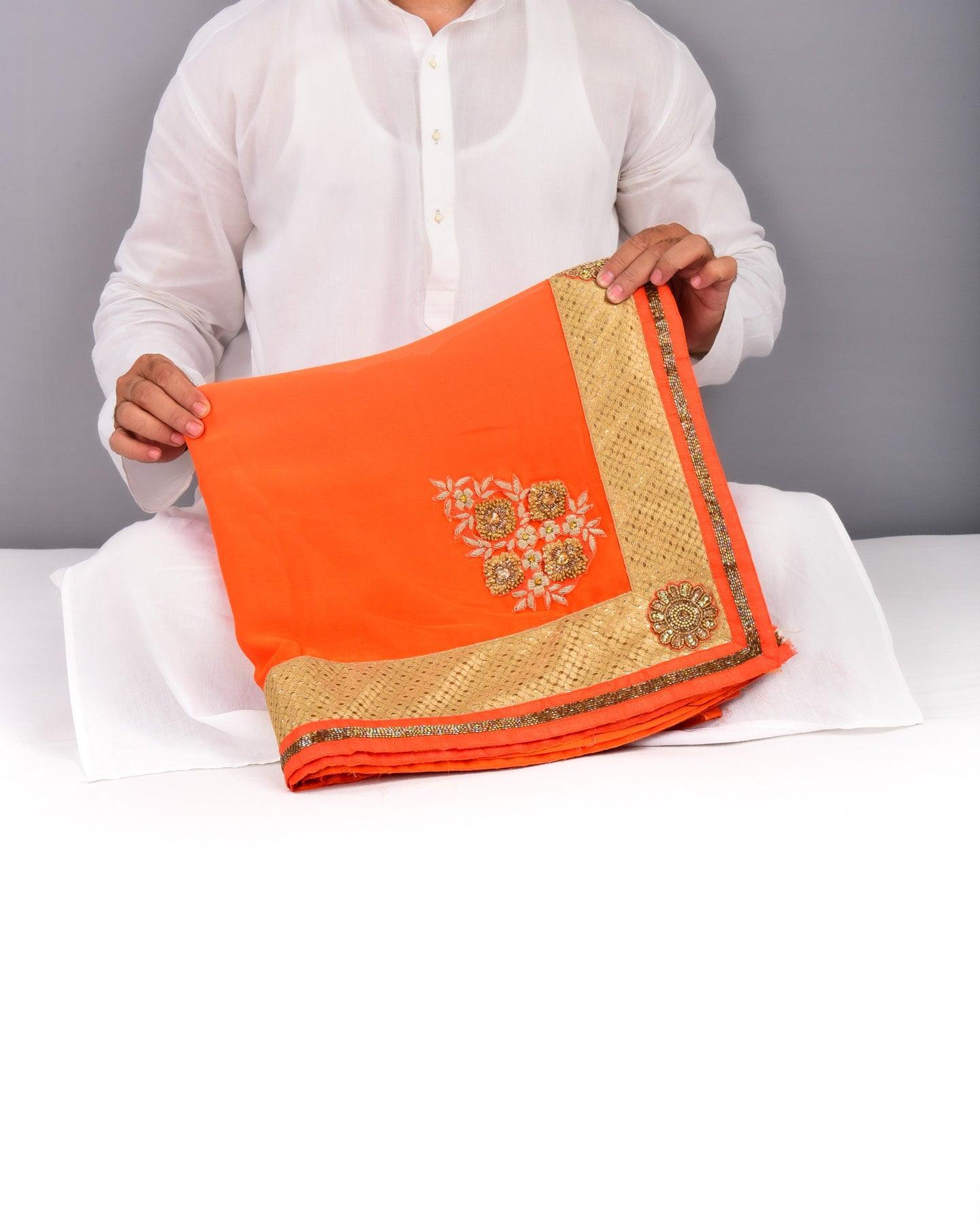 Peach-Orange Georgette Embroidered Saree - By HolyWeaves, Benares