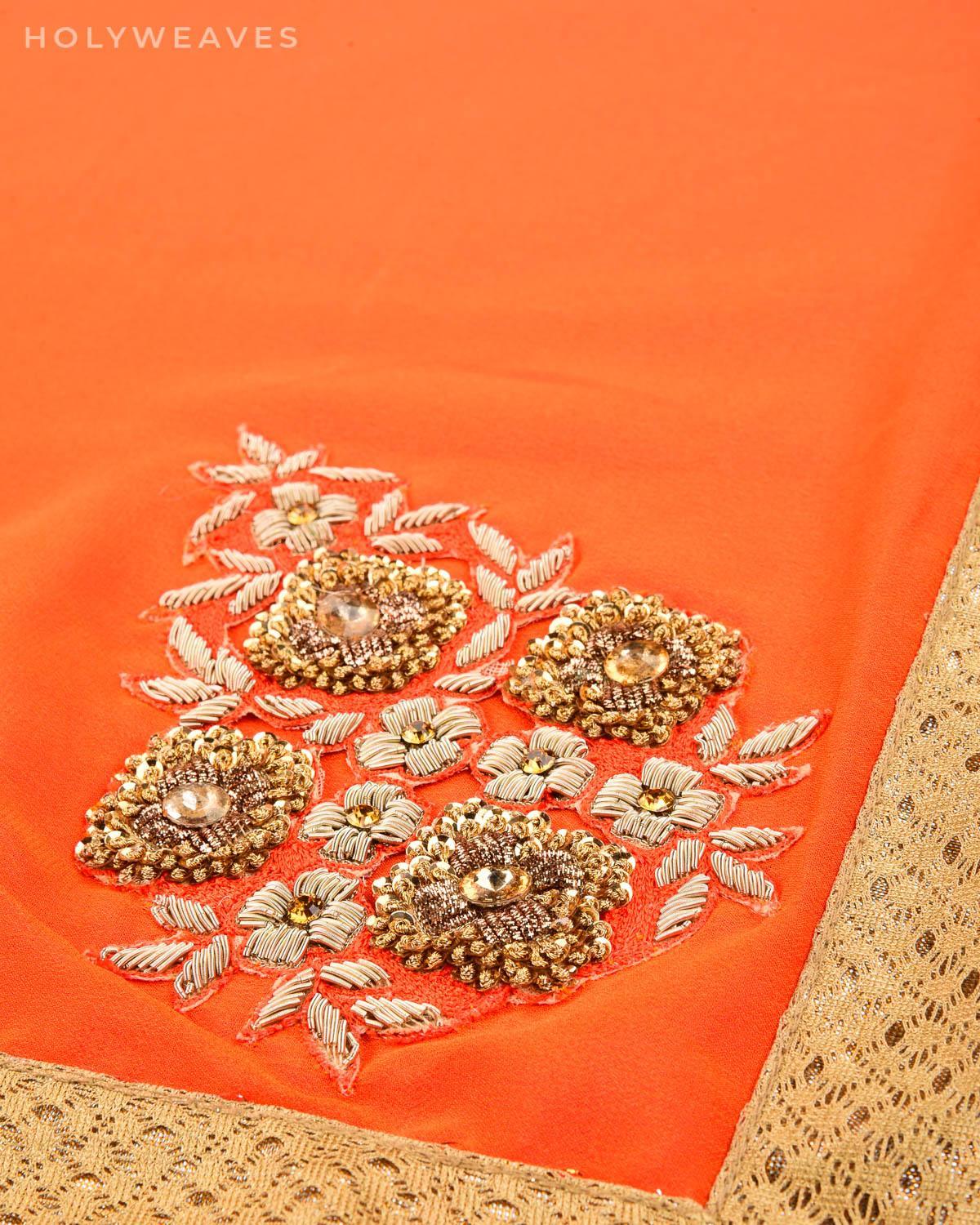 Peach-Orange Georgette Embroidered Saree - By HolyWeaves, Benares