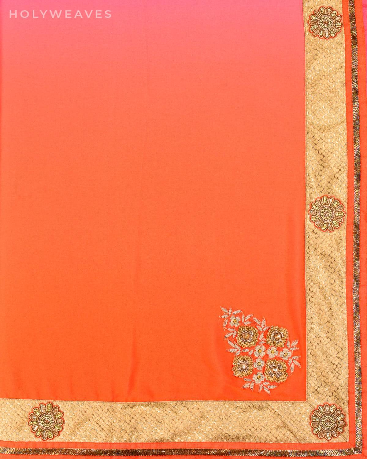 Peach-Orange Georgette Embroidered Saree - By HolyWeaves, Benares