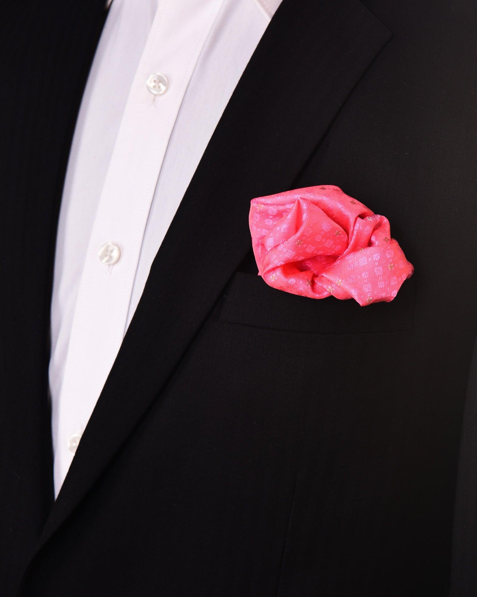 Peach Tanchoi Brocade with Zari Accents Handwoven Pure Silk Pocket Square For Men - By HolyWeaves, Benares