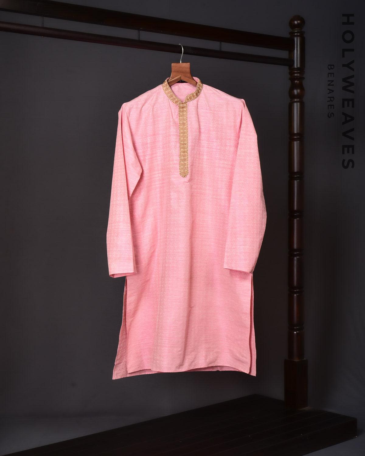 Pink Banarasi Hand-embroidered Cotton Silk Mens Kurta Pyjama - By HolyWeaves, Benares