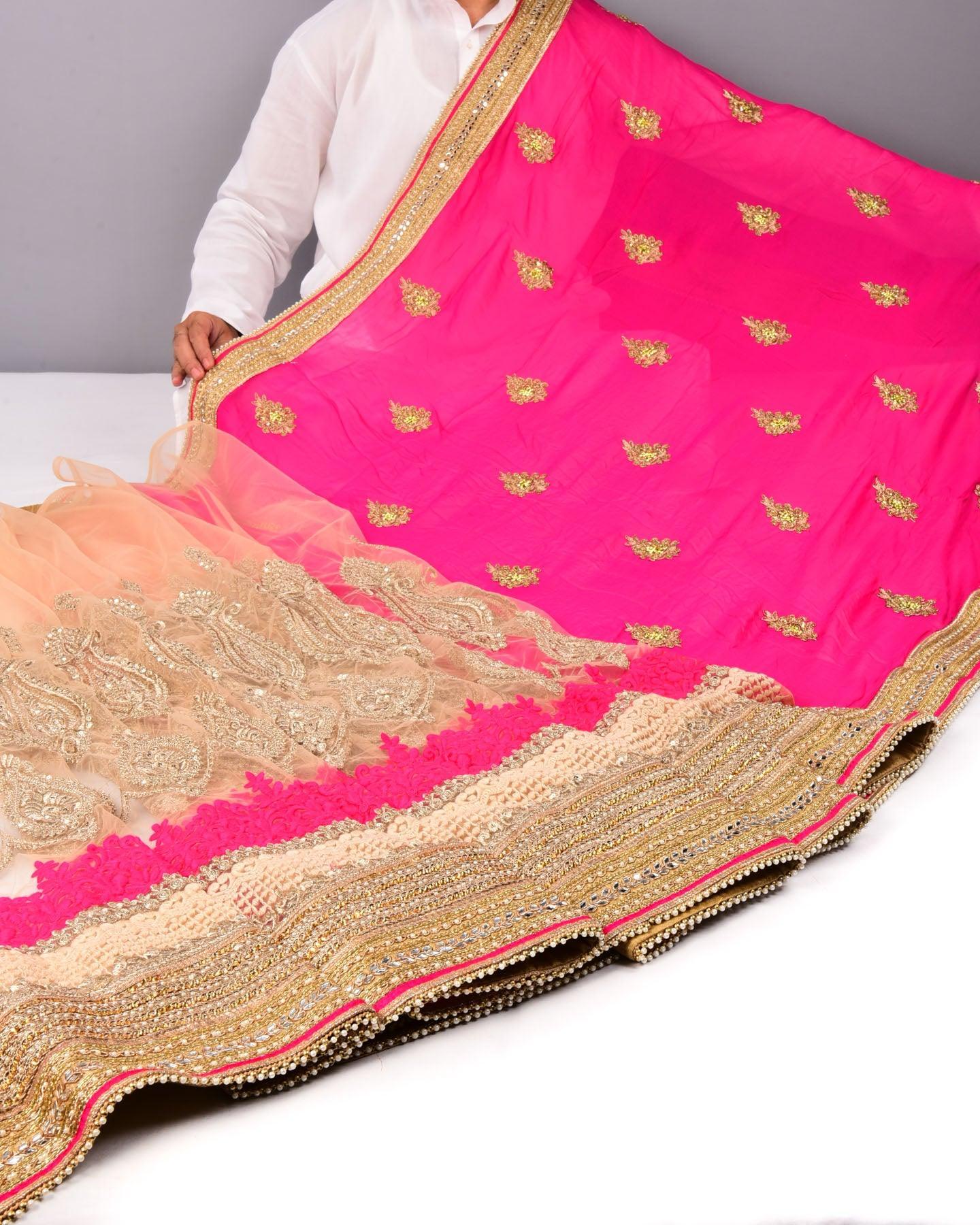 Pink Half-n-Half Hand-embroidered Georgette Saree - By HolyWeaves, Benares