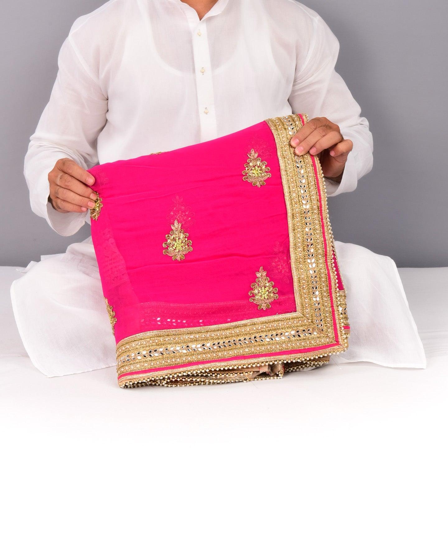 Pink Half-n-Half Hand-embroidered Georgette Saree - By HolyWeaves, Benares