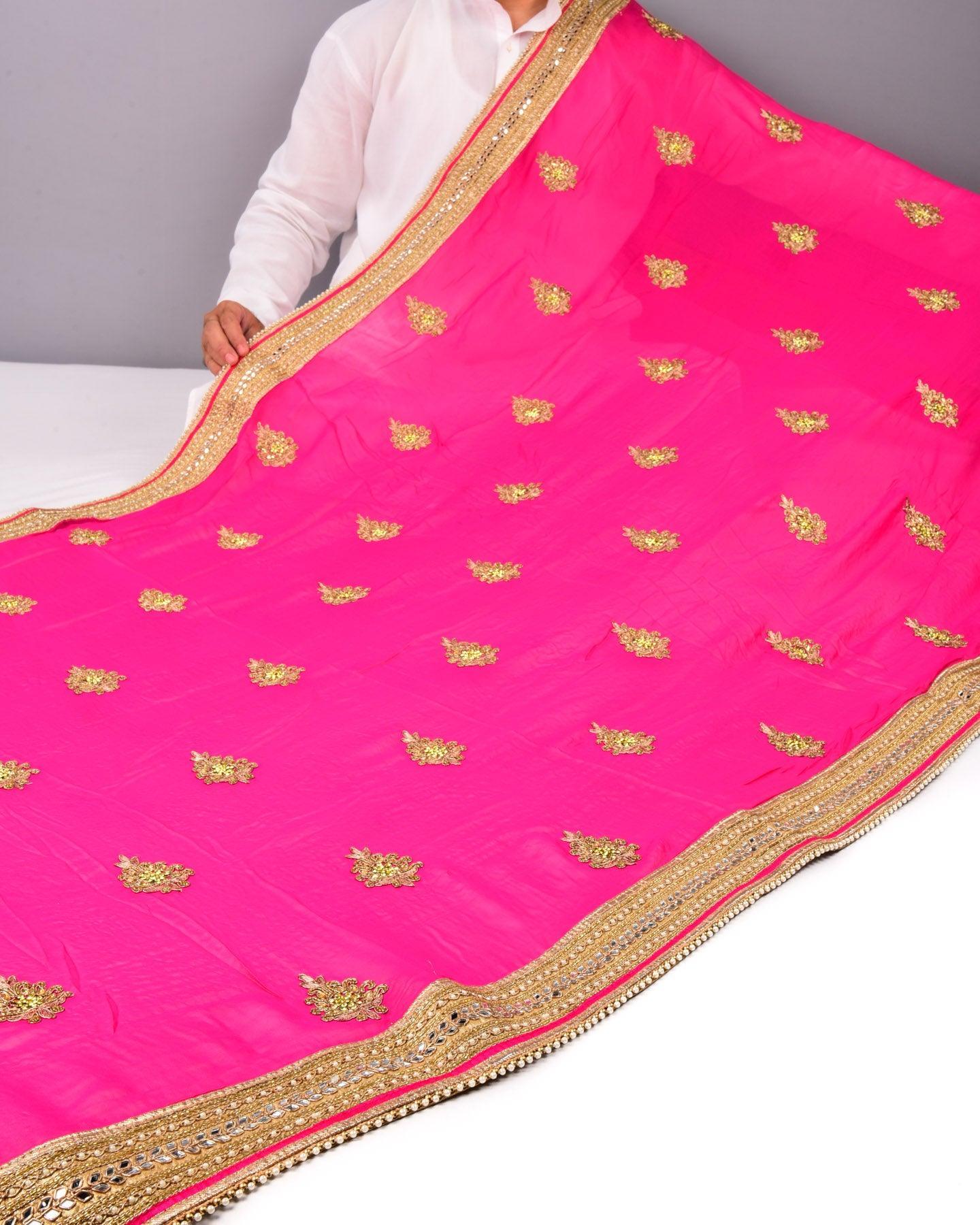 Pink Half-n-Half Hand-embroidered Georgette Saree - By HolyWeaves, Benares