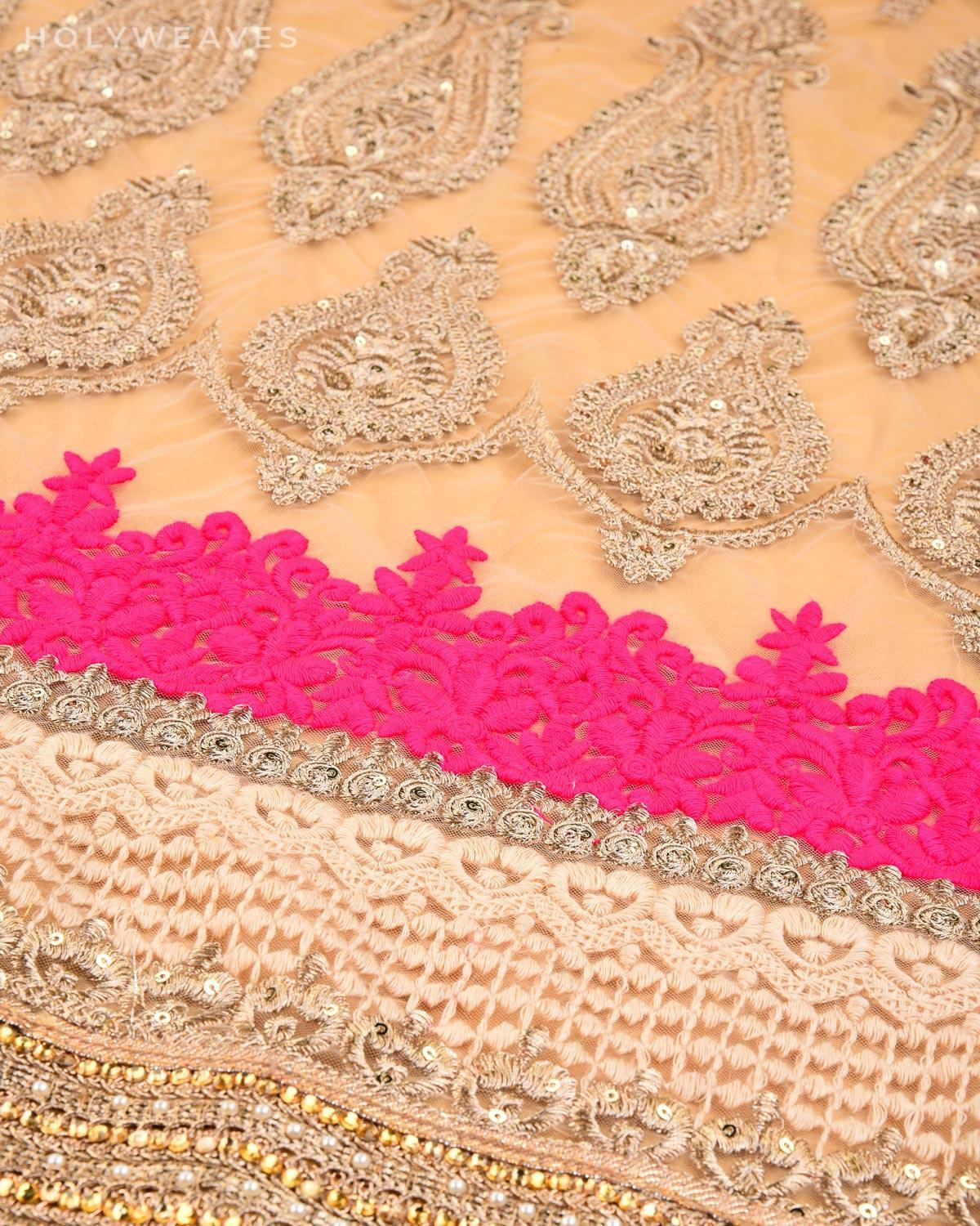 Pink Half-n-Half Hand-embroidered Georgette Saree - By HolyWeaves, Benares