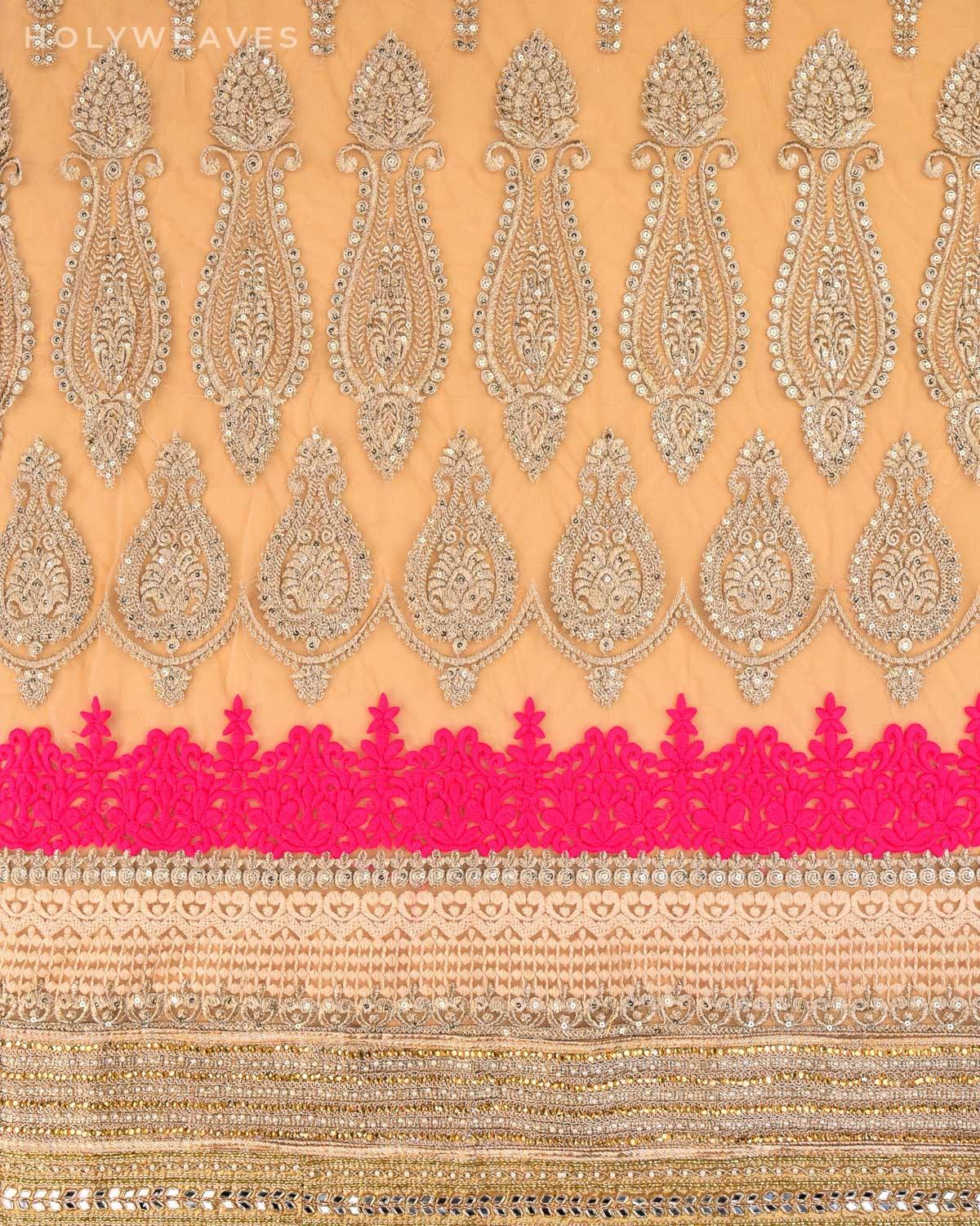 Pink Half-n-Half Hand-embroidered Georgette Saree - By HolyWeaves, Benares