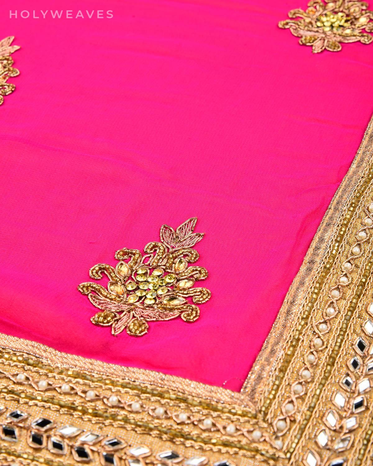 Pink Half-n-Half Hand-embroidered Georgette Saree - By HolyWeaves, Benares