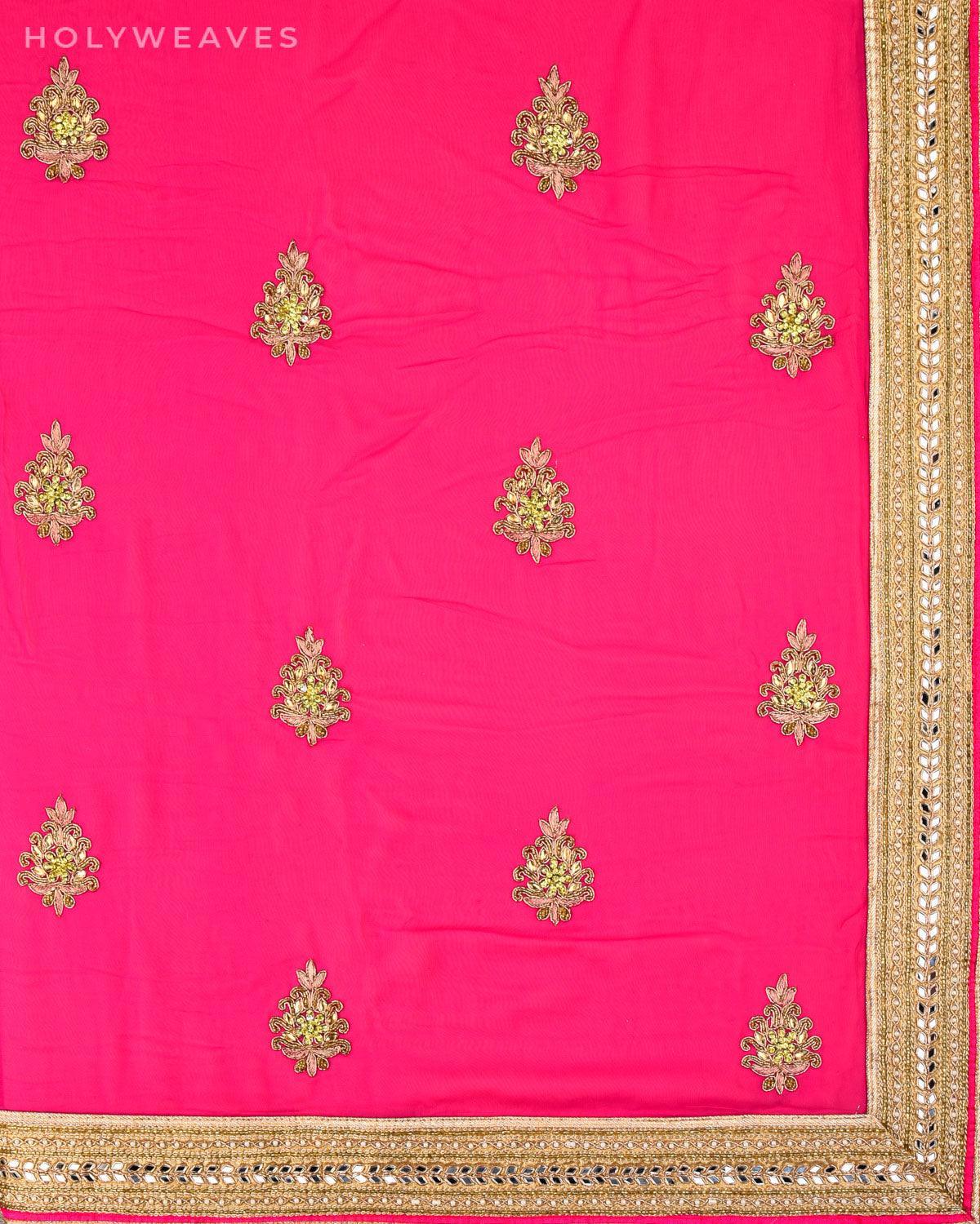 Pink Half-n-Half Hand-embroidered Georgette Saree - By HolyWeaves, Benares