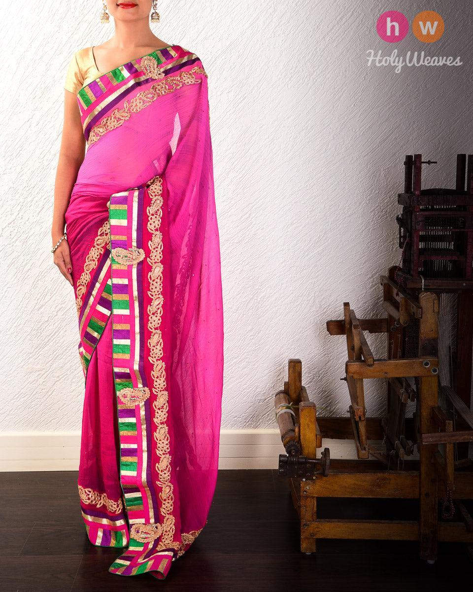 Pink Hand-embroidered Chiffon Saree - By HolyWeaves, Benares