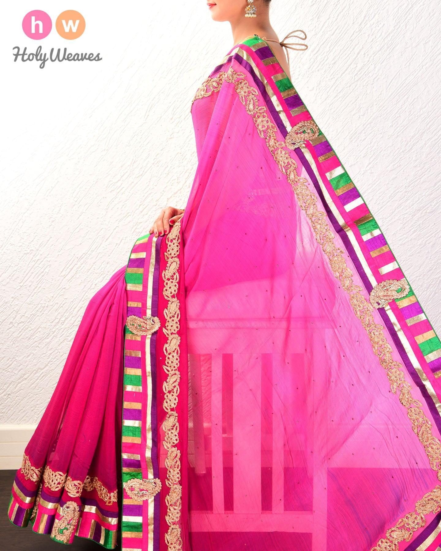 Pink Hand-embroidered Chiffon Saree - By HolyWeaves, Benares