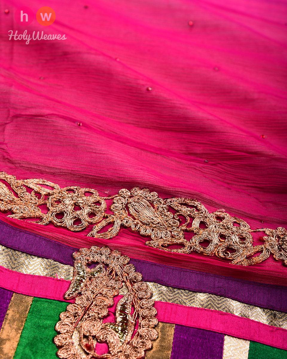 Pink Hand-embroidered Chiffon Saree - By HolyWeaves, Benares