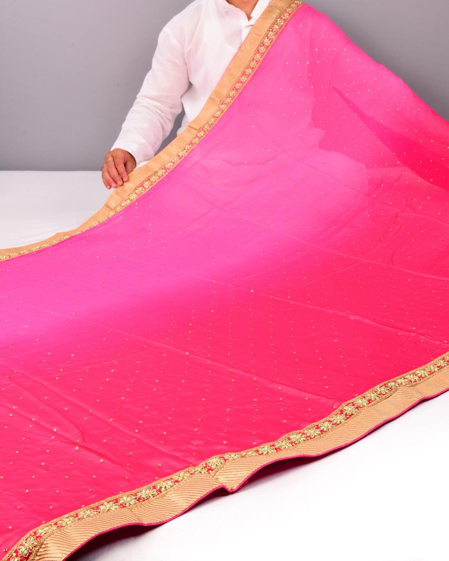 Pink Hand-embroidered Georgette Saree - By HolyWeaves, Benares