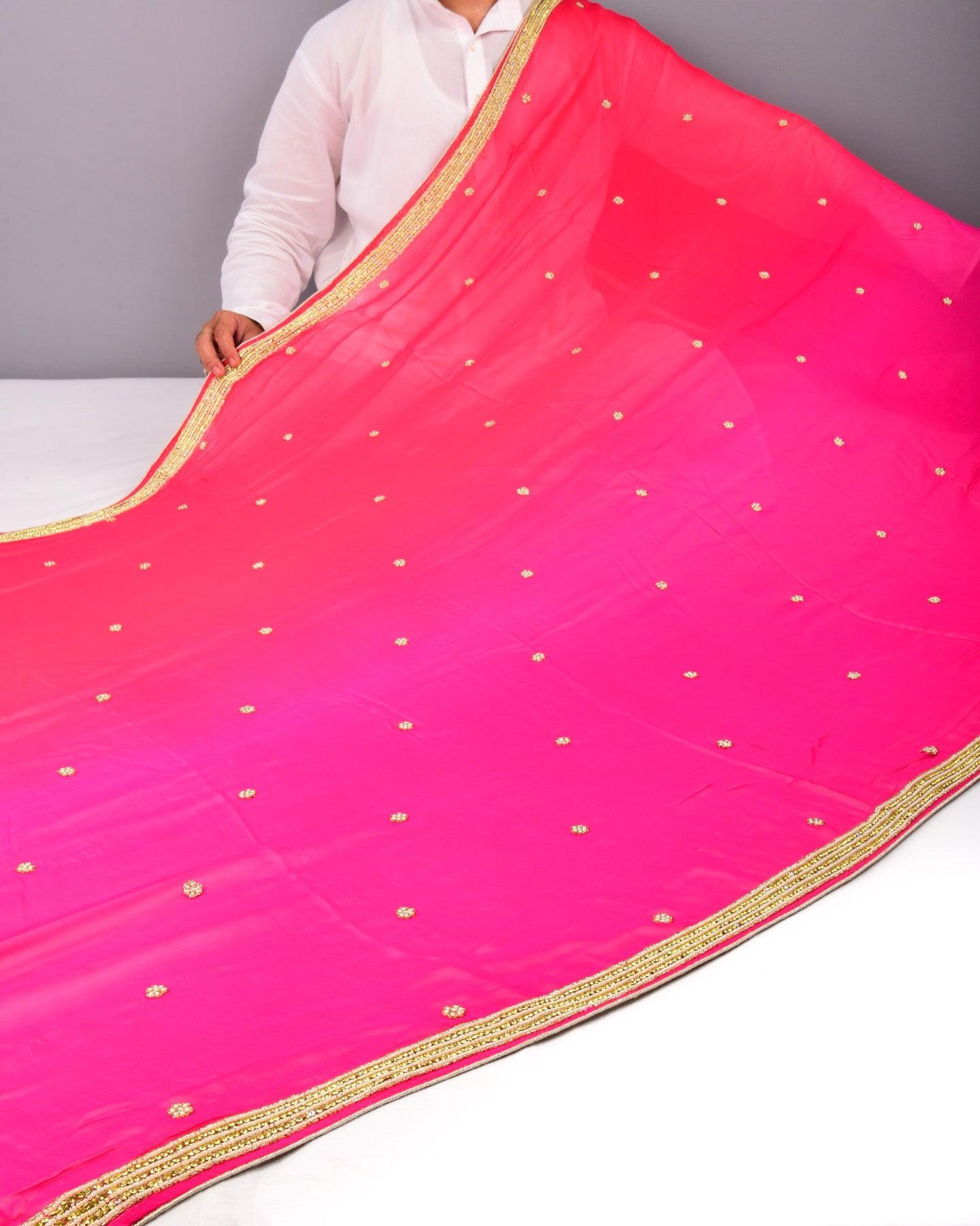 Pink Hand-embroidered Georgette Saree - By HolyWeaves, Benares