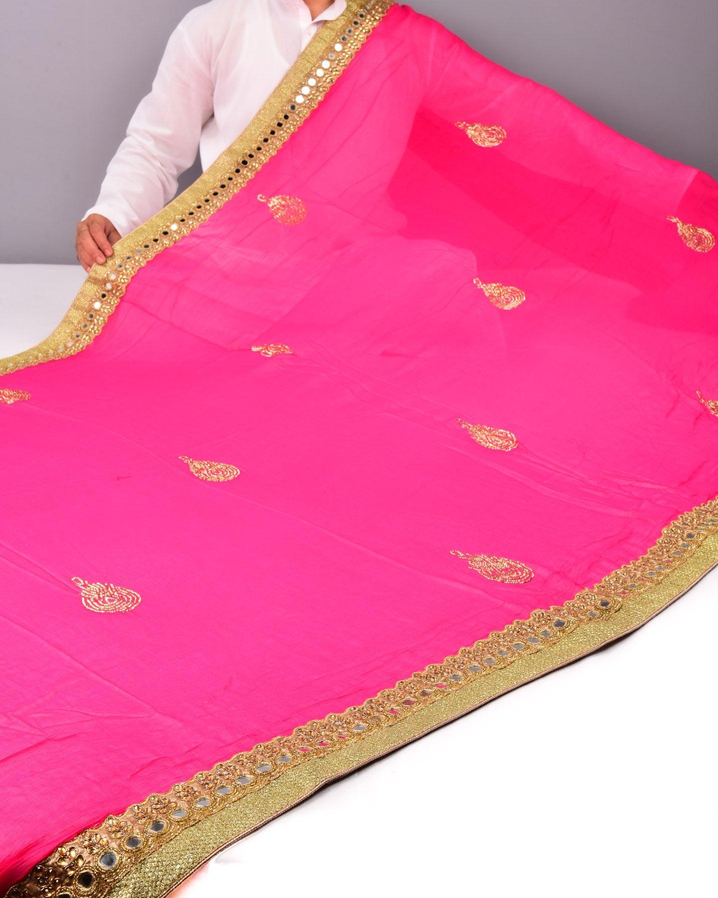 Pink Hand-embroidered Georgette Saree - By HolyWeaves, Benares