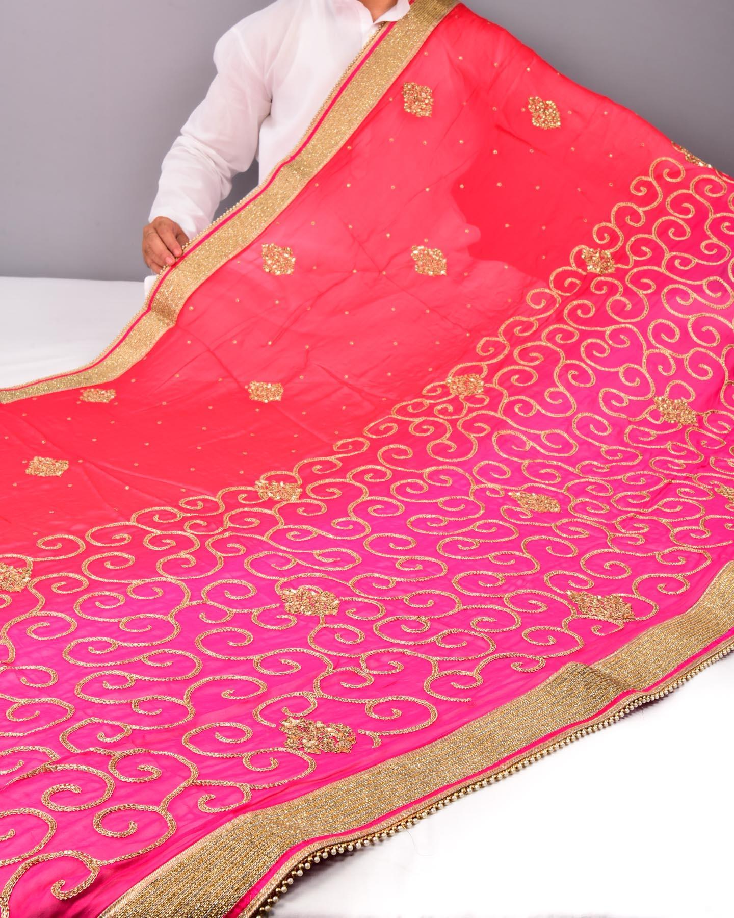 Pink Hand-embroidered Georgette Saree - By HolyWeaves, Benares