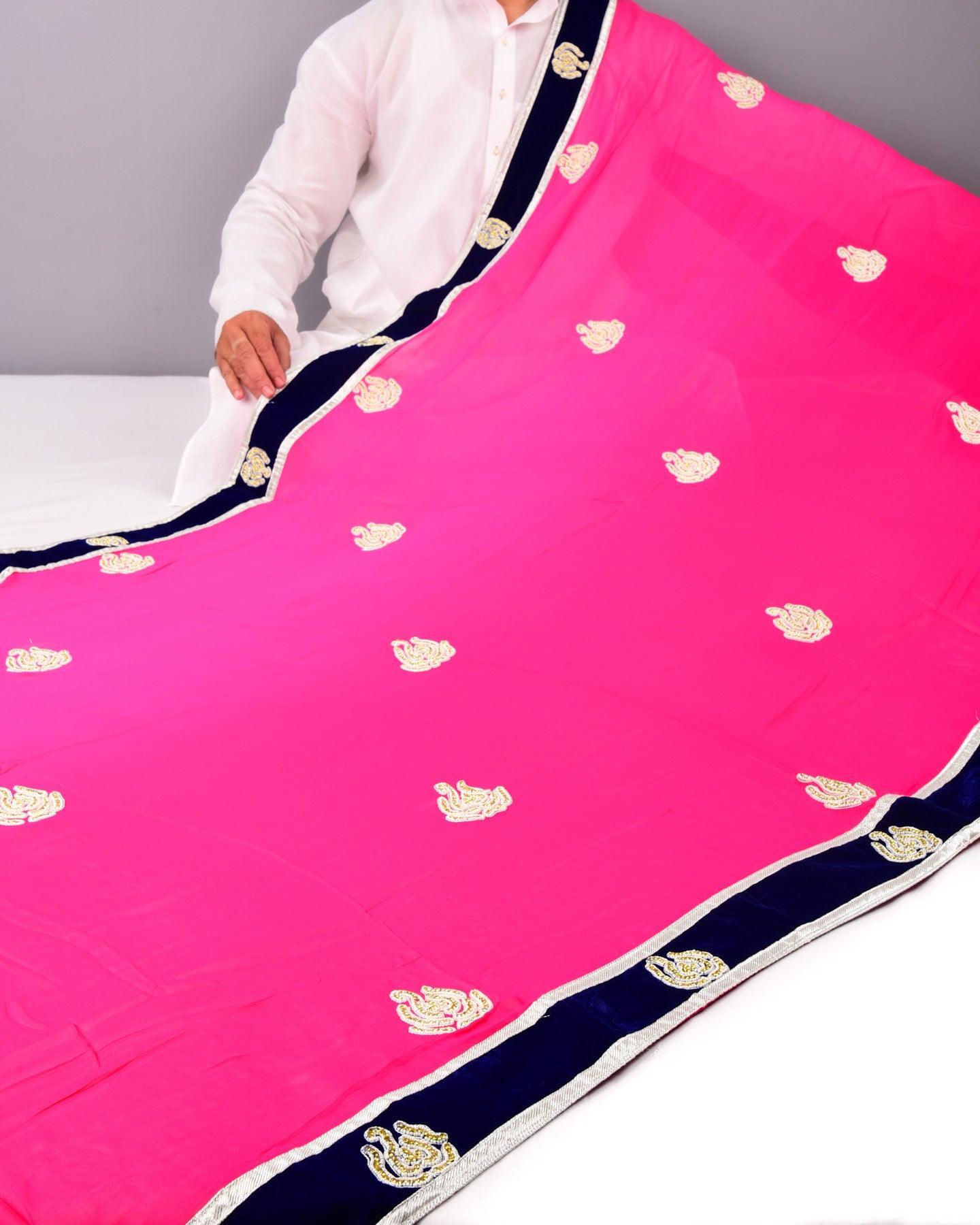Pink Hand-embroidered Georgette Saree - By HolyWeaves, Benares