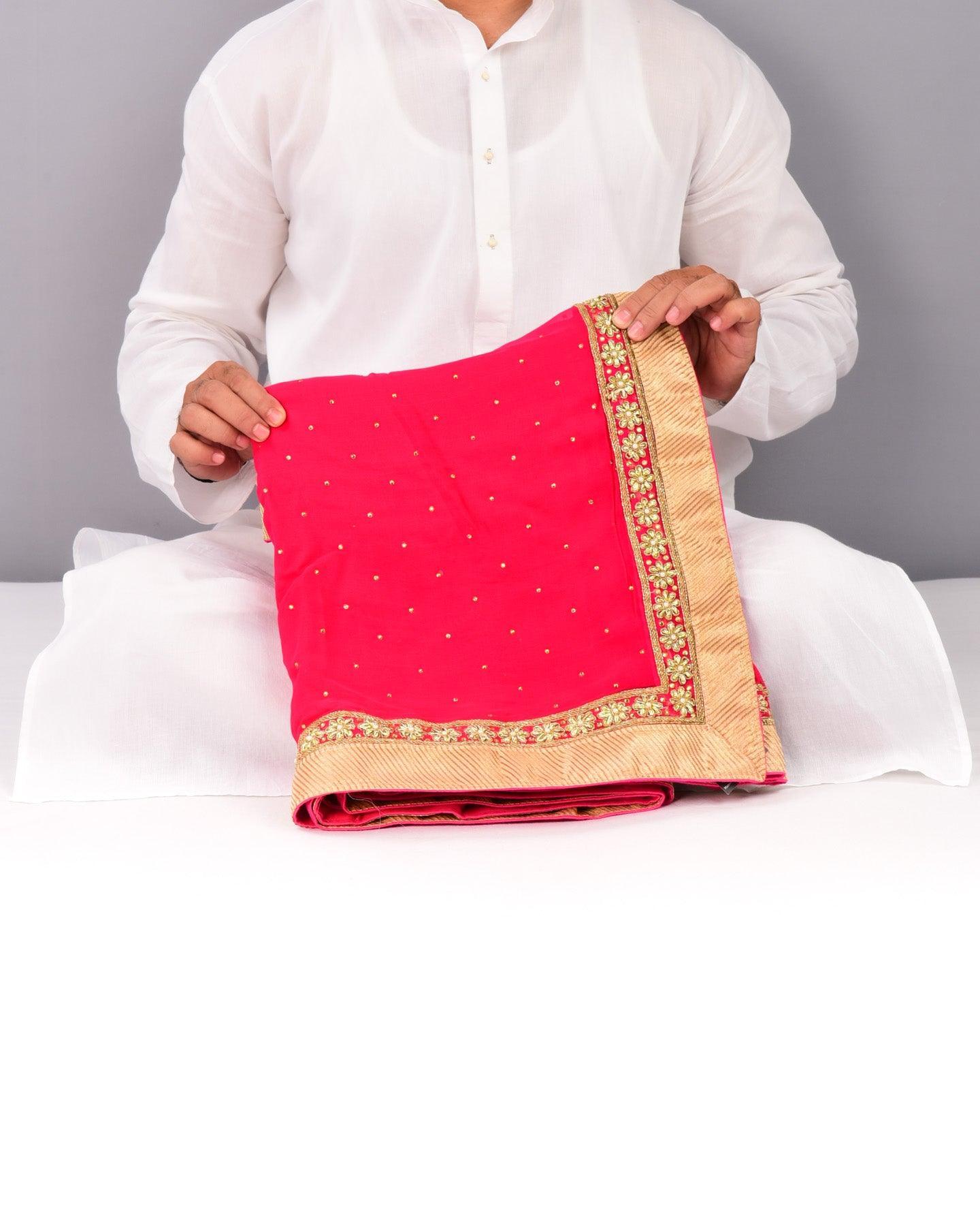 Pink Hand-embroidered Georgette Saree - By HolyWeaves, Benares