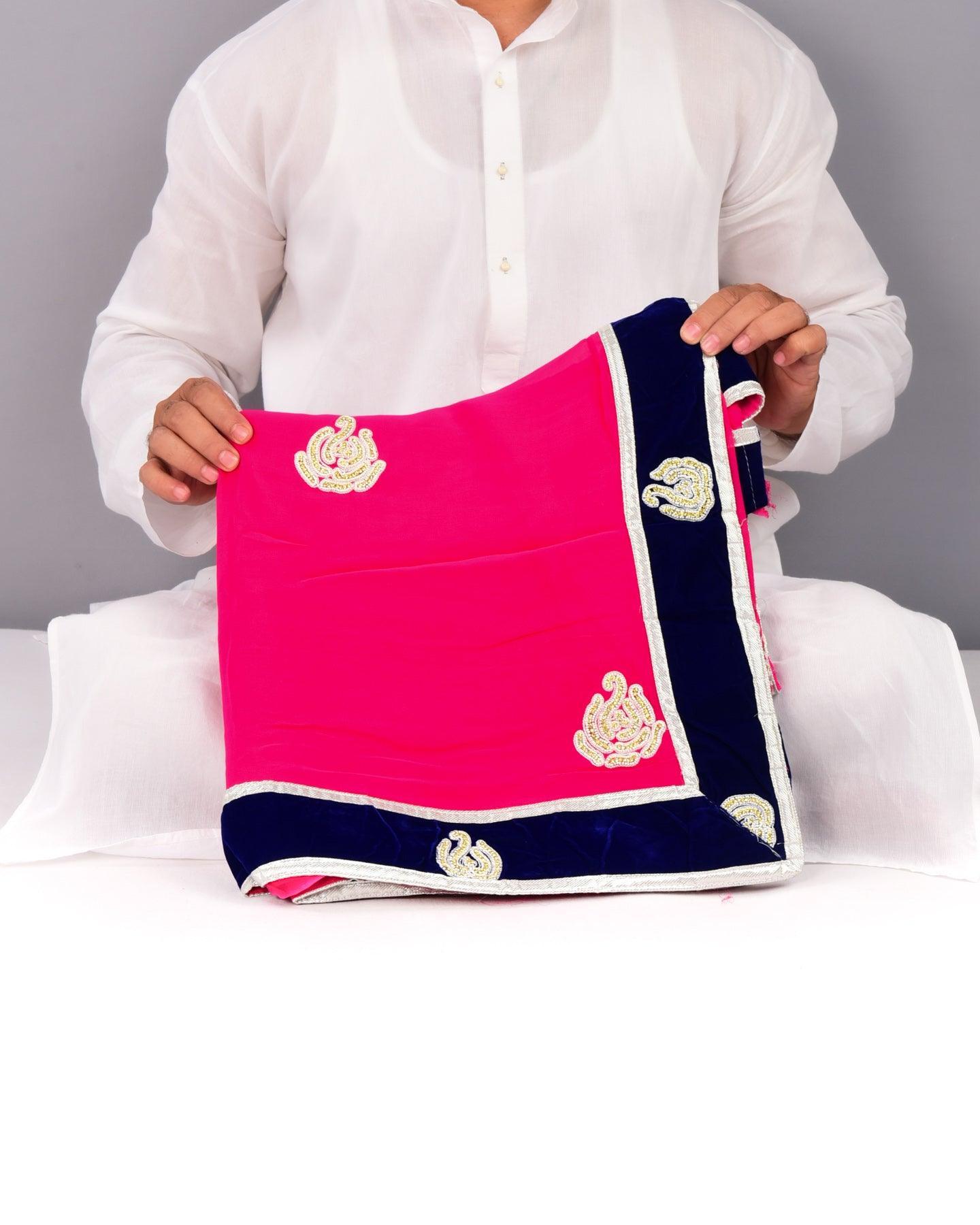 Pink Hand-embroidered Georgette Saree - By HolyWeaves, Benares