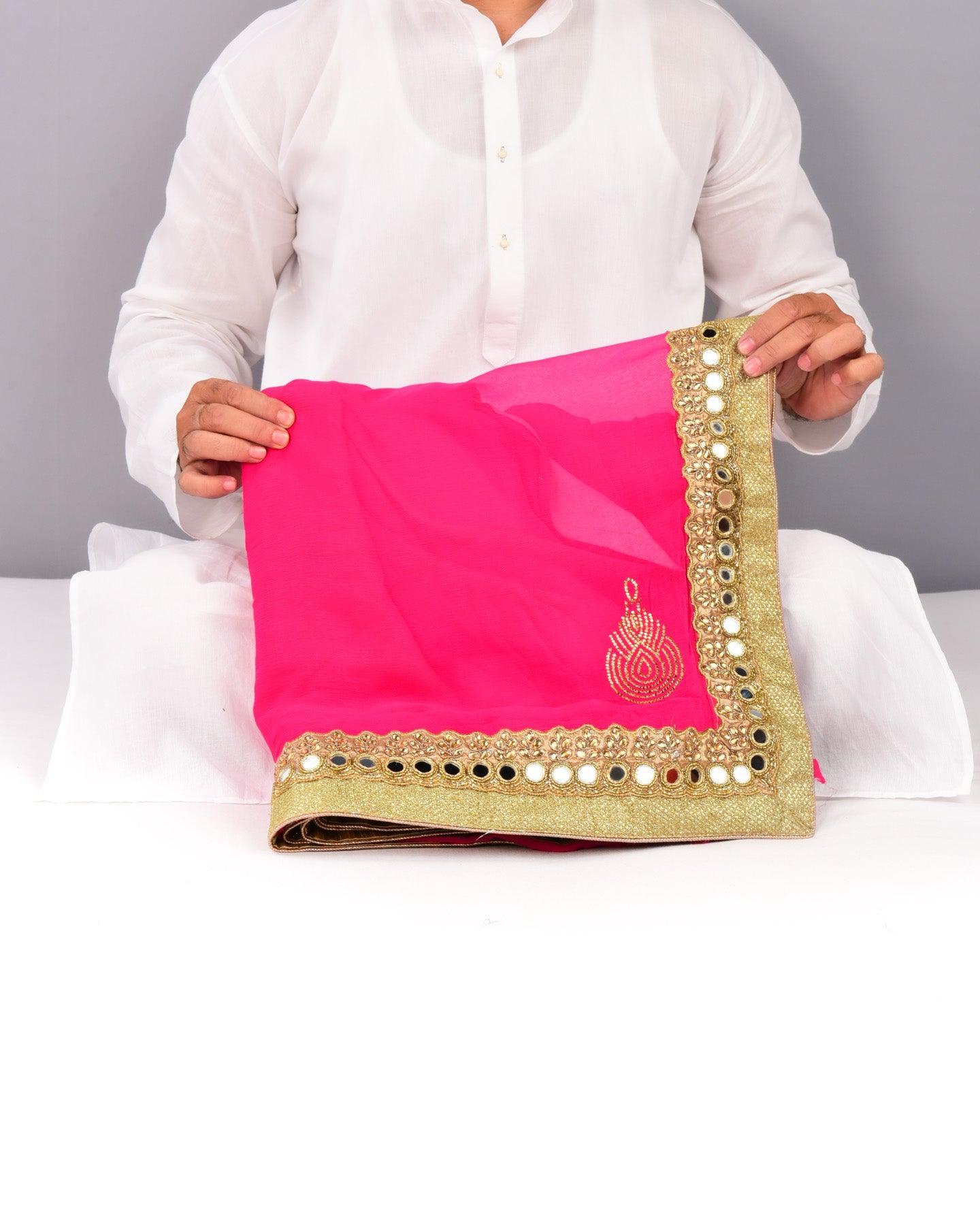 Pink Hand-embroidered Georgette Saree - By HolyWeaves, Benares